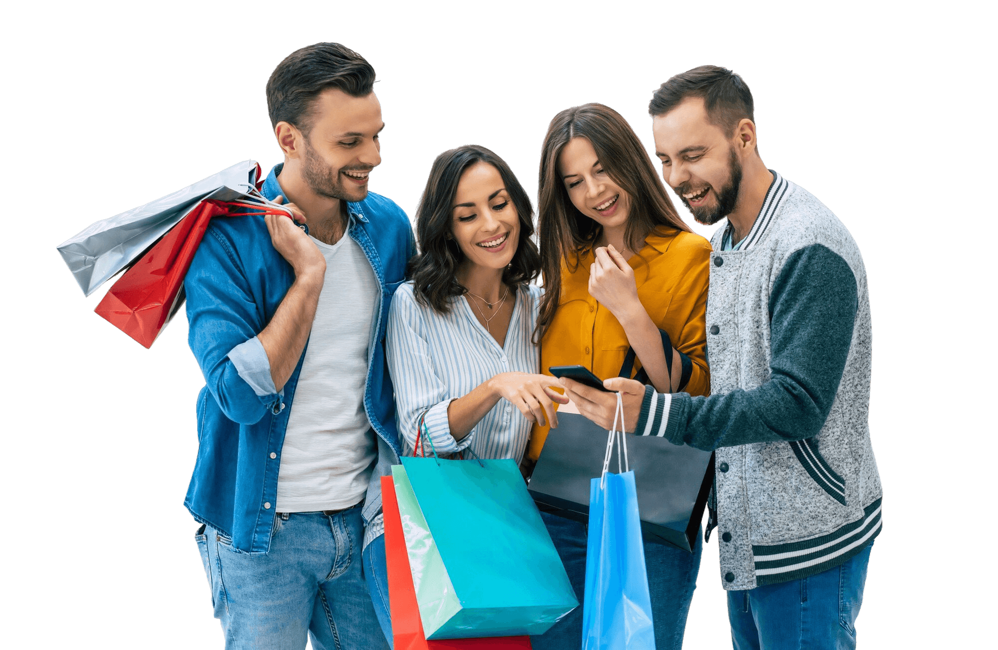 stylishhappyexcitedfriendswithshoppingbagsarelookingtogethersmartphonechattingaboutsalesmall_c1nty_2000