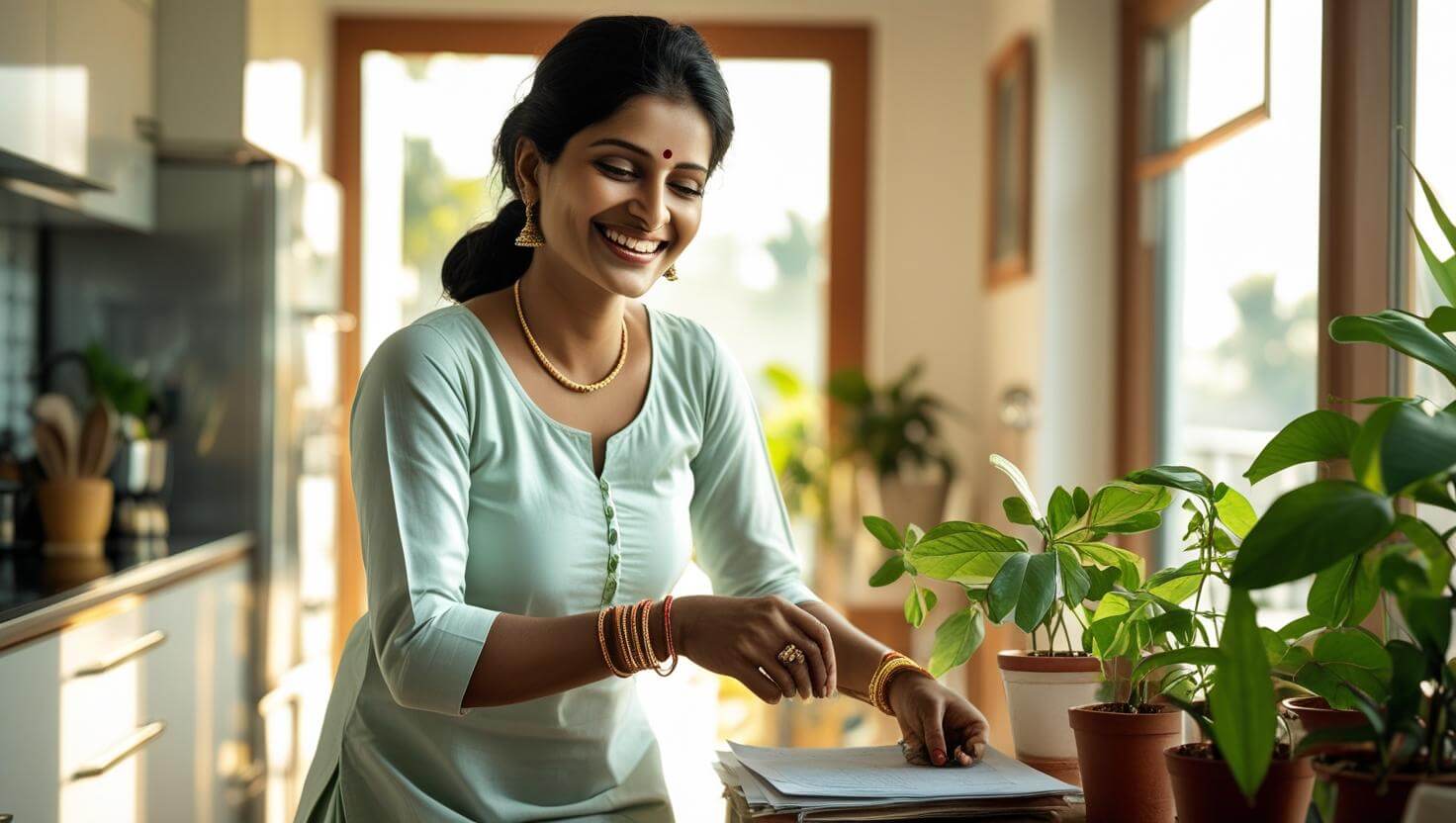 BusyIndianhousewifeworkingandtakingcareofherselfanddoingthingsandhappywithoutjewelryandincasualdressnosareenotworkinginkitchen1_k0mtq_1472