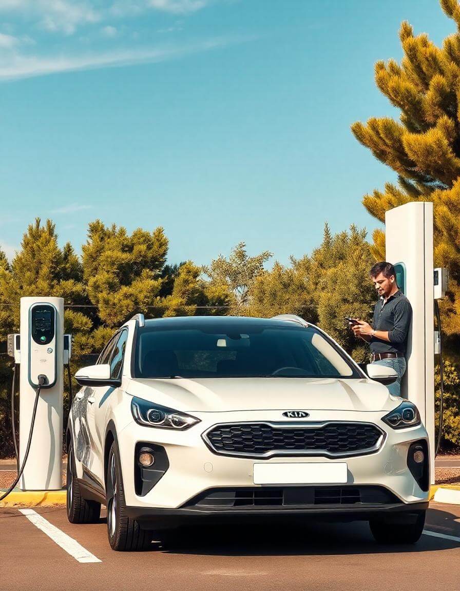 pikasotexttoimageKiaEVcarparkedatachargingstationsurrounded_a2mjg_896