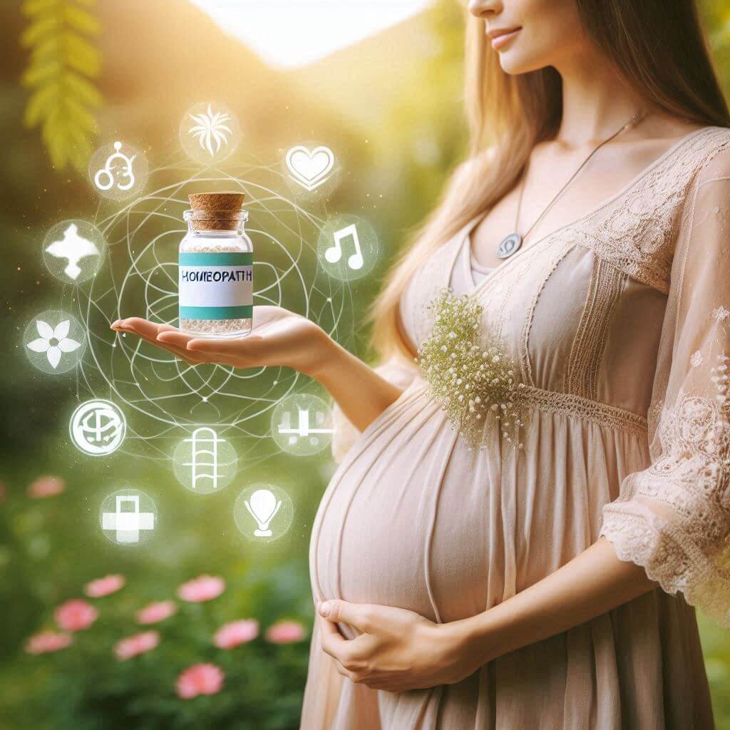 ApregnantwomaninaserenenaturalsettingholdingasmallviallabeledHomeopathysurroundedbysymbolsofhealthandwellness_c1ntg_1024