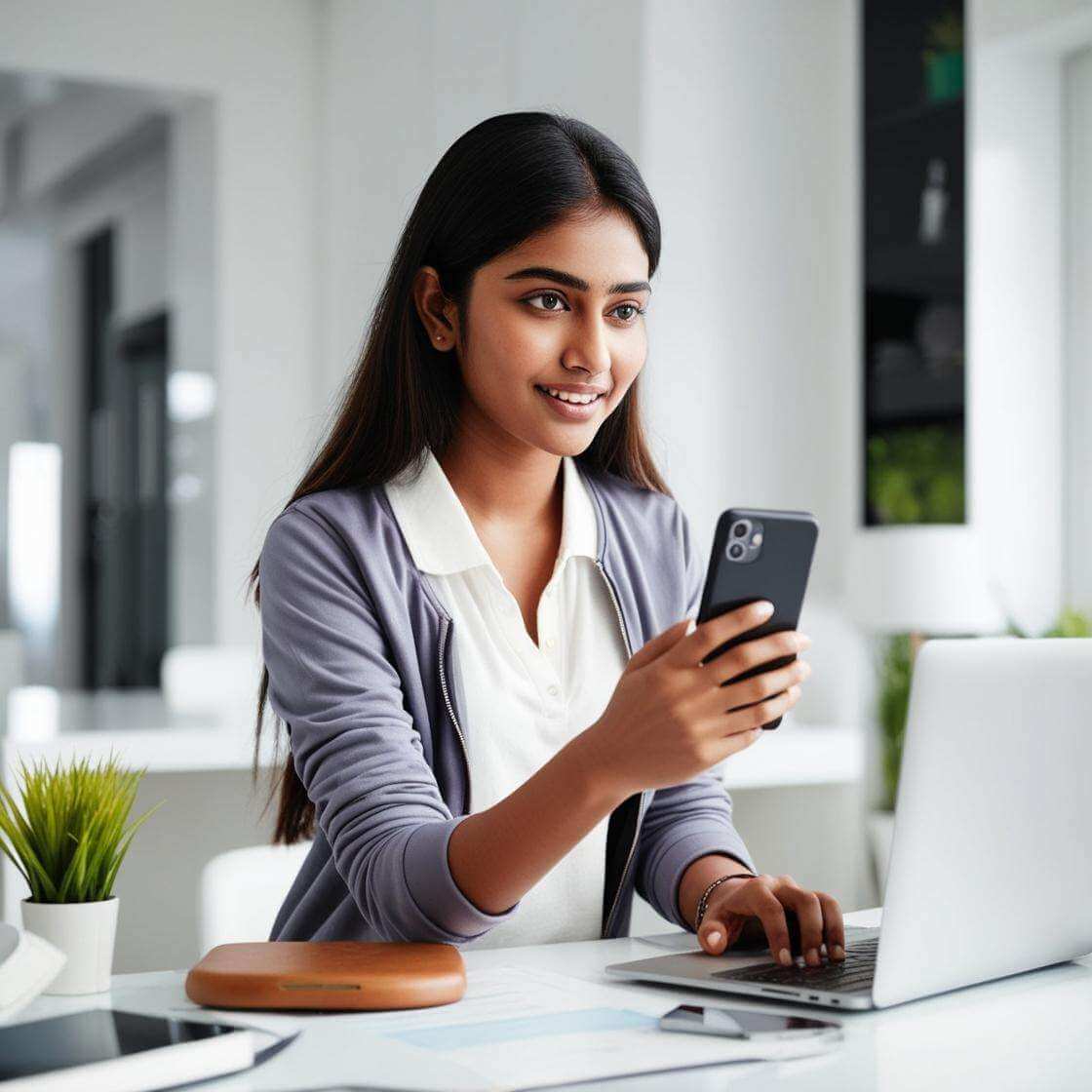 Femalesocialmediamanageragearound1820yrsworkingonphoneYoungandmodernwhoisworkingfromhomebelongstodelhiormumbai_izmjg_1120