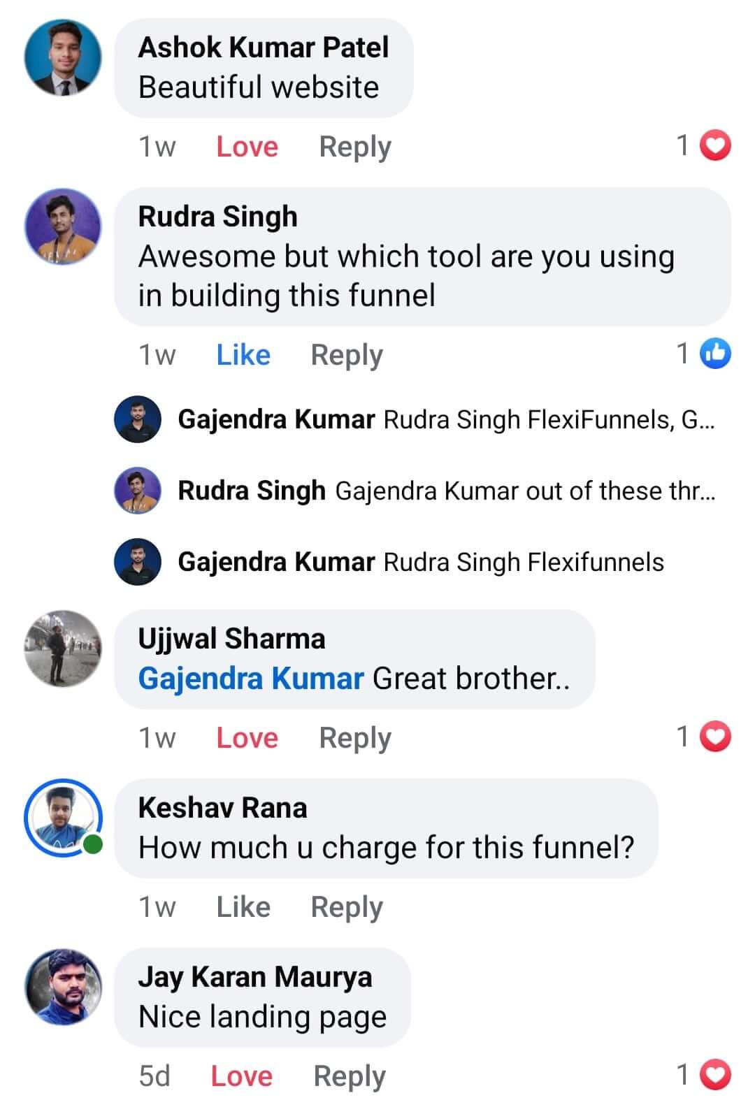 Facebook comment screenshot praising Gajendra's high-converting funnel service for coaches