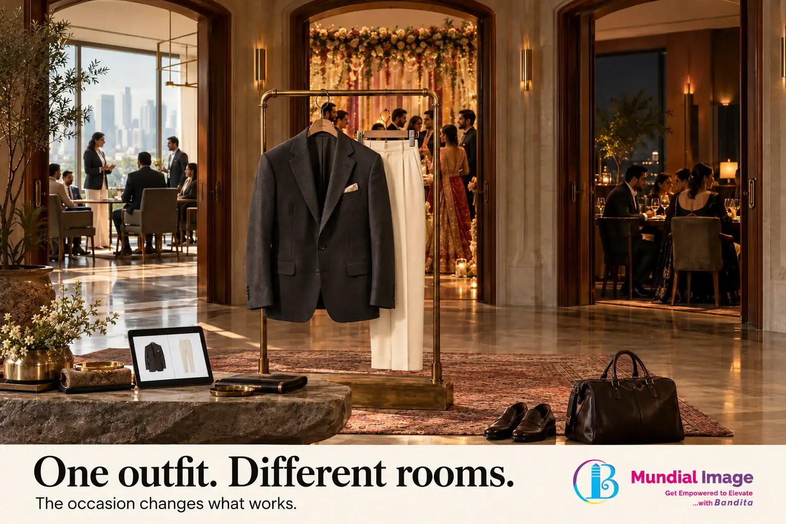 Charcoal blazer and cream trousers face a boardroom, wedding reception and business dinner in one cinematic scene.