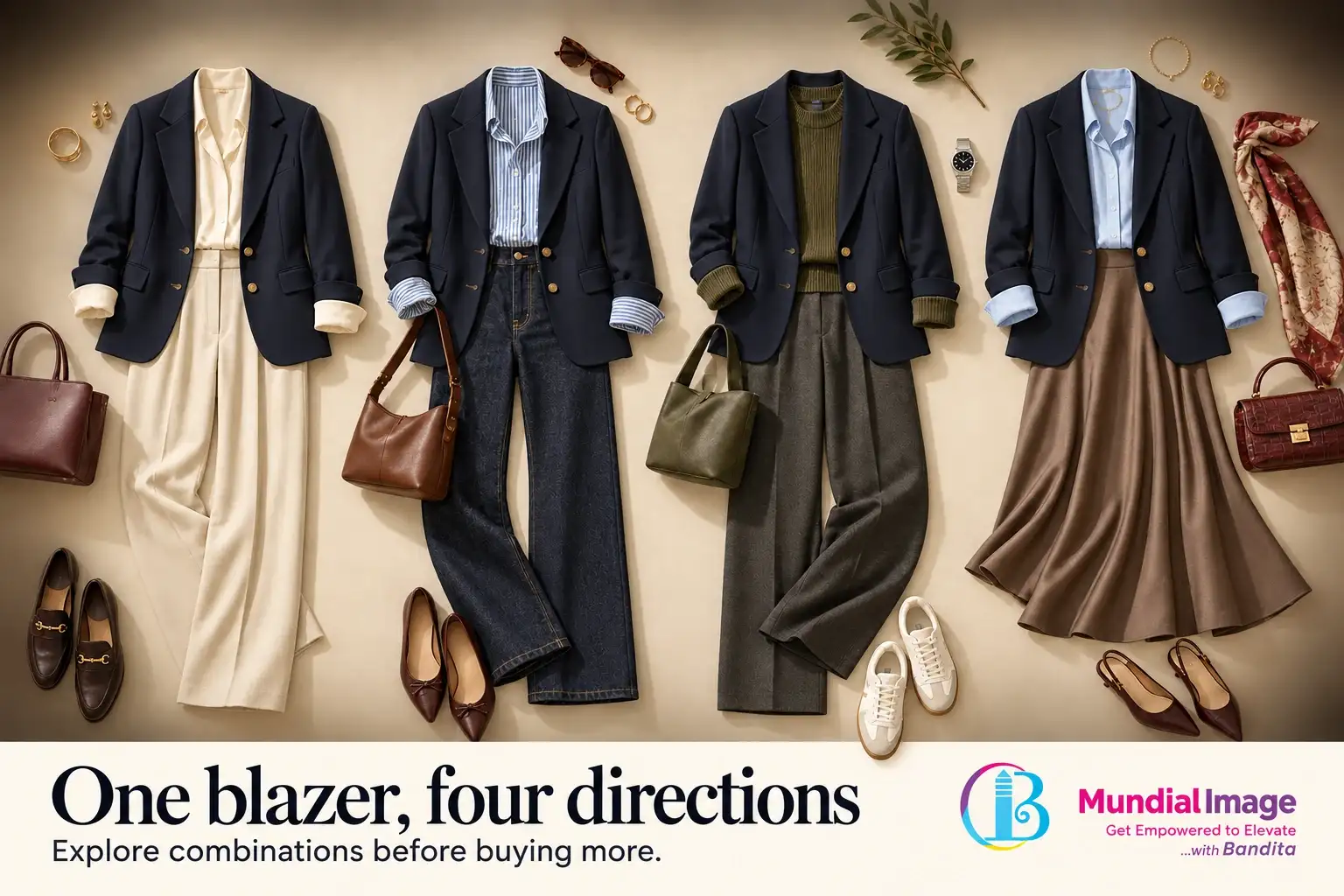 Four outfit combinations use the same navy blazer with different shirts, trousers, a skirt and shoes.