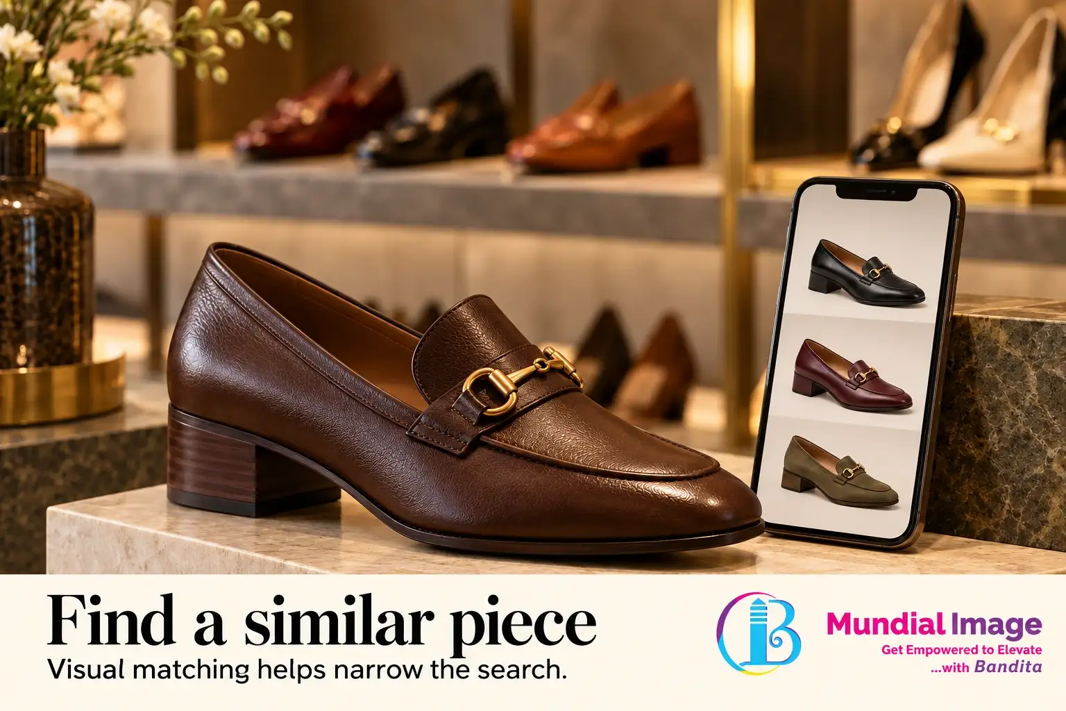 Brown leather loafer sits beside a phone displaying visually similar shoes.