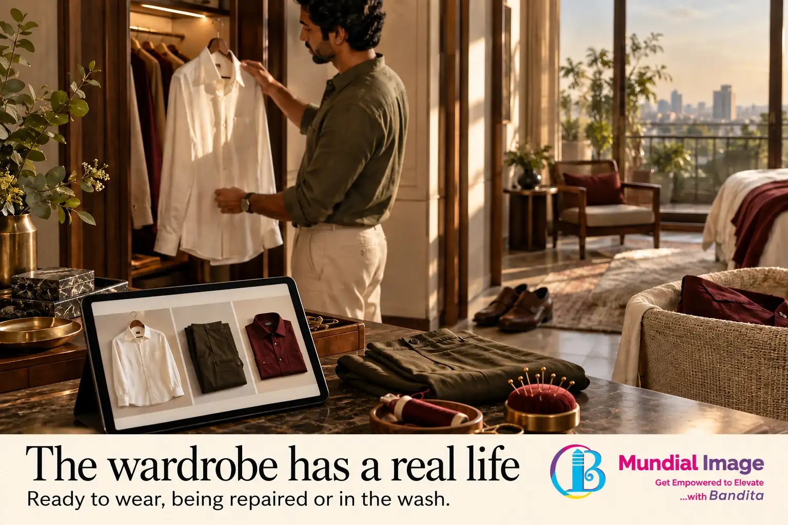 Wardrobe scene shows a ready shirt, trousers beside sewing tools and a laundry basket alongside digital garment photos.
