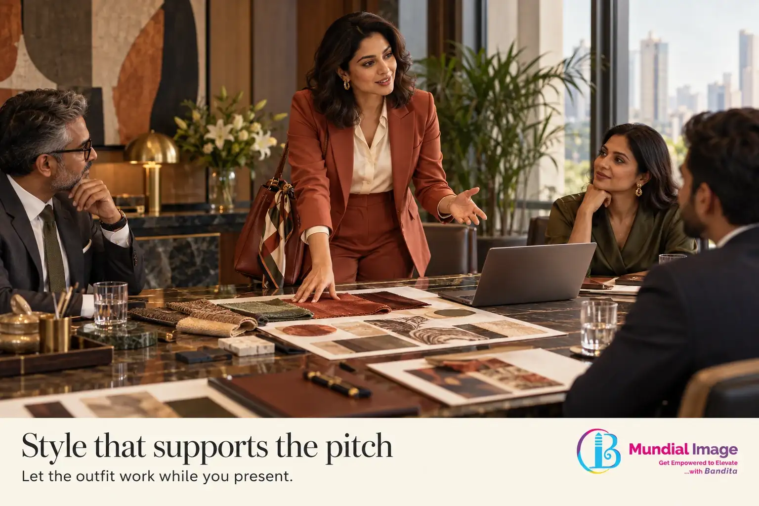 Woman in a terracotta suit presents materials during an important client pitch.