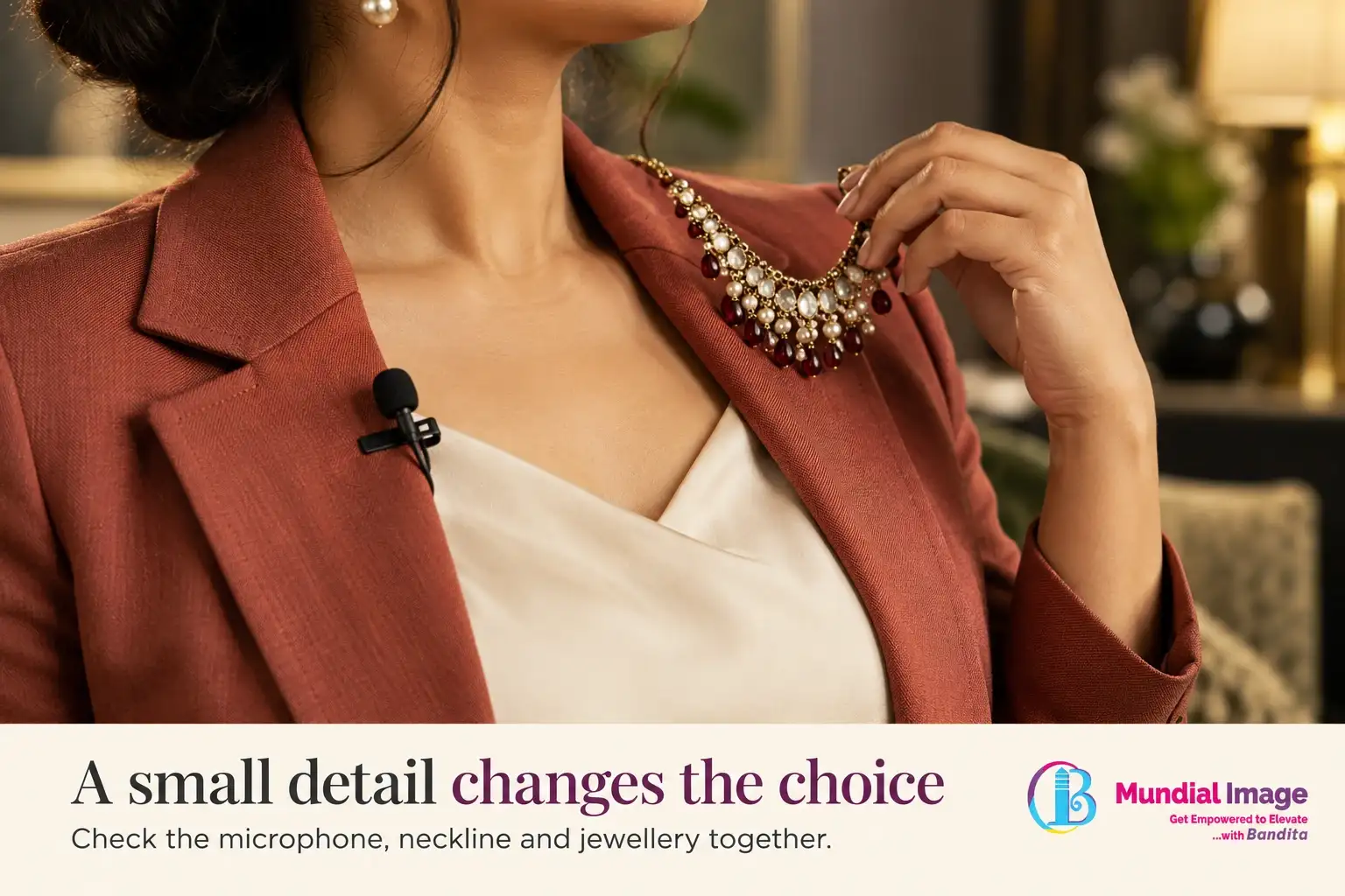 Close-up shows a lapel microphone, neckline and necklace being checked together before a presentation.