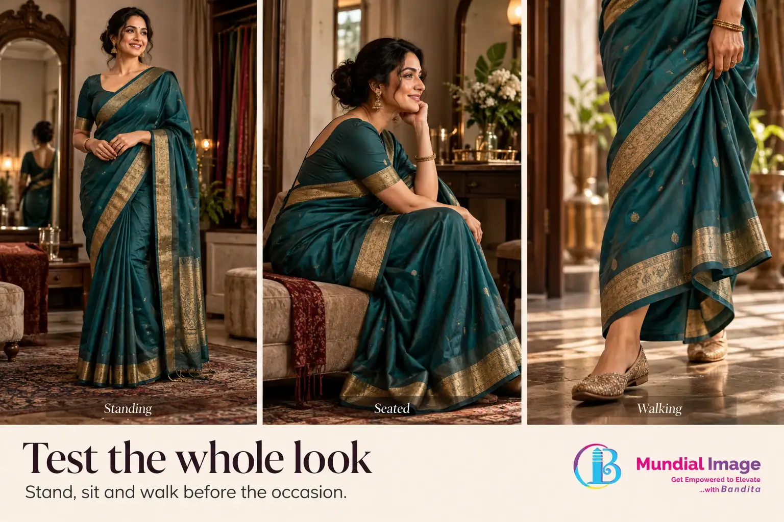 Three views show the same teal saree while standing, sitting and walking.