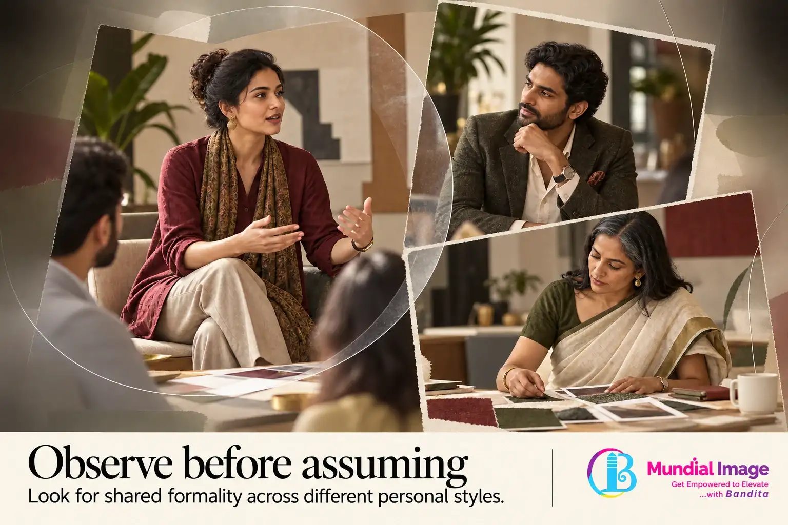 Paper collage compares a kurta, jacket and saree worn in professional conversations.