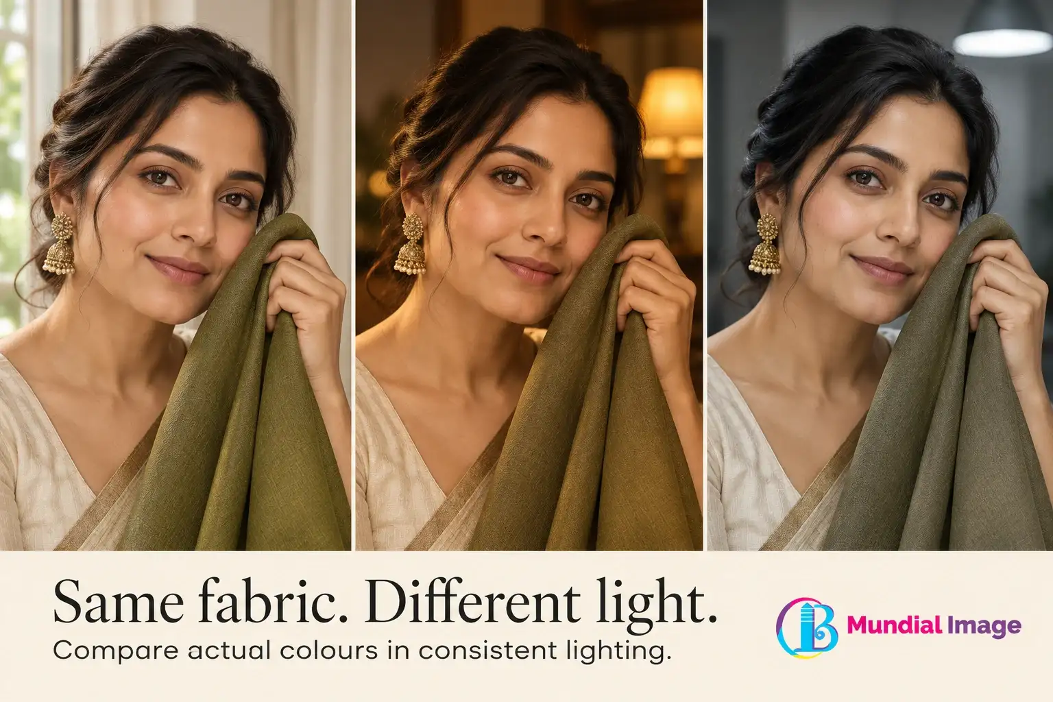 Same woman holds olive fabric near her face under daylight, warm indoor light and cooler light.