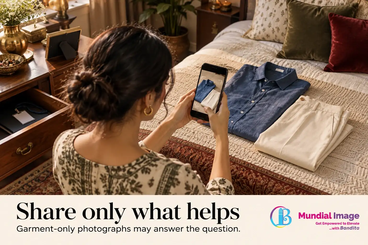 Phone photographs a shirt and trousers without including the wearer or personal photographs.