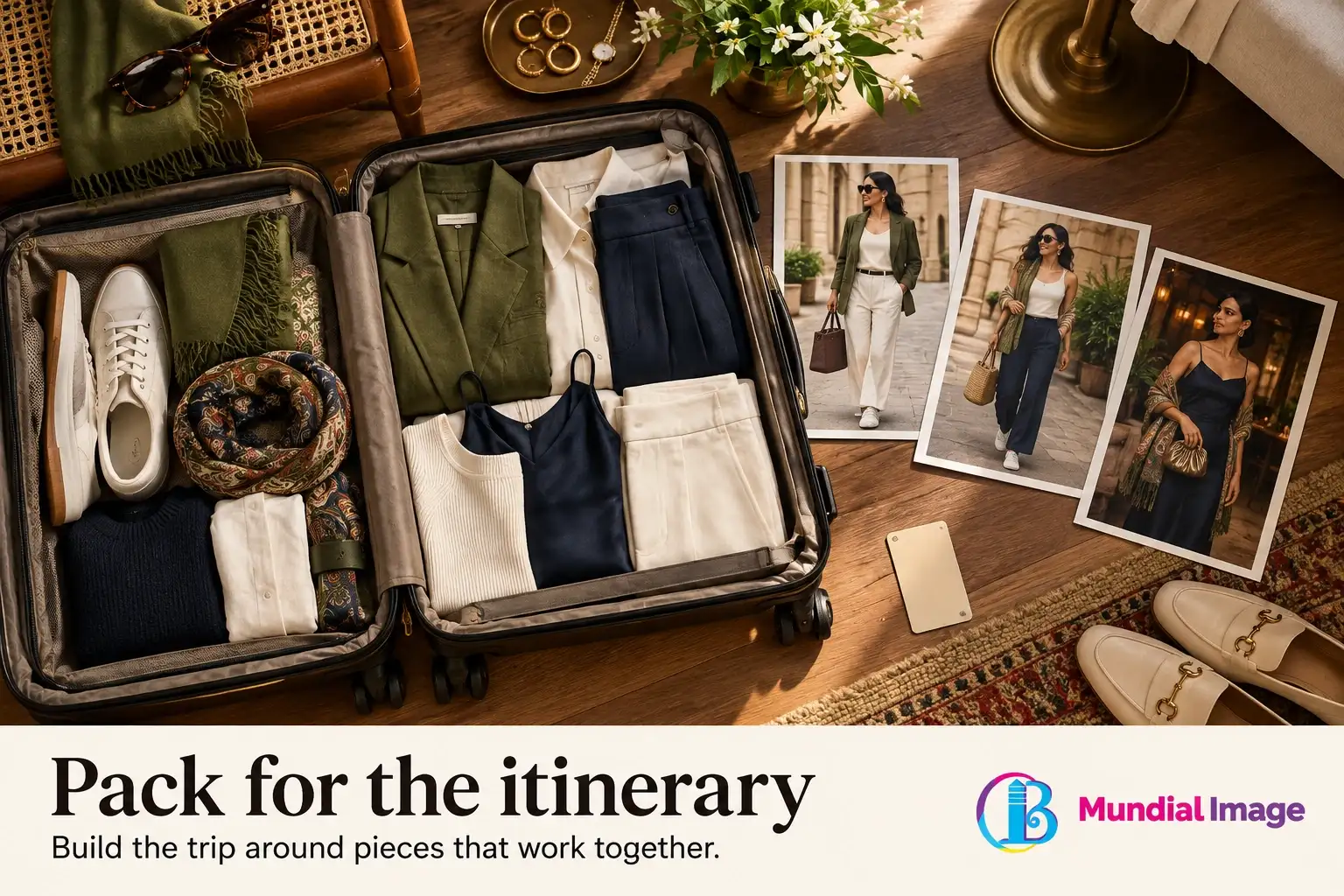 Open suitcase contains a coordinated capsule wardrobe beside photographs showing outfit combinations.