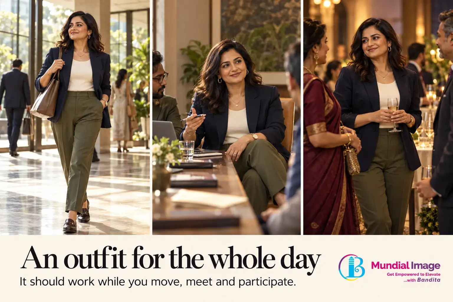 Same woman wears a navy jacket, cream top and olive trousers through a lobby, meeting and evening reception.