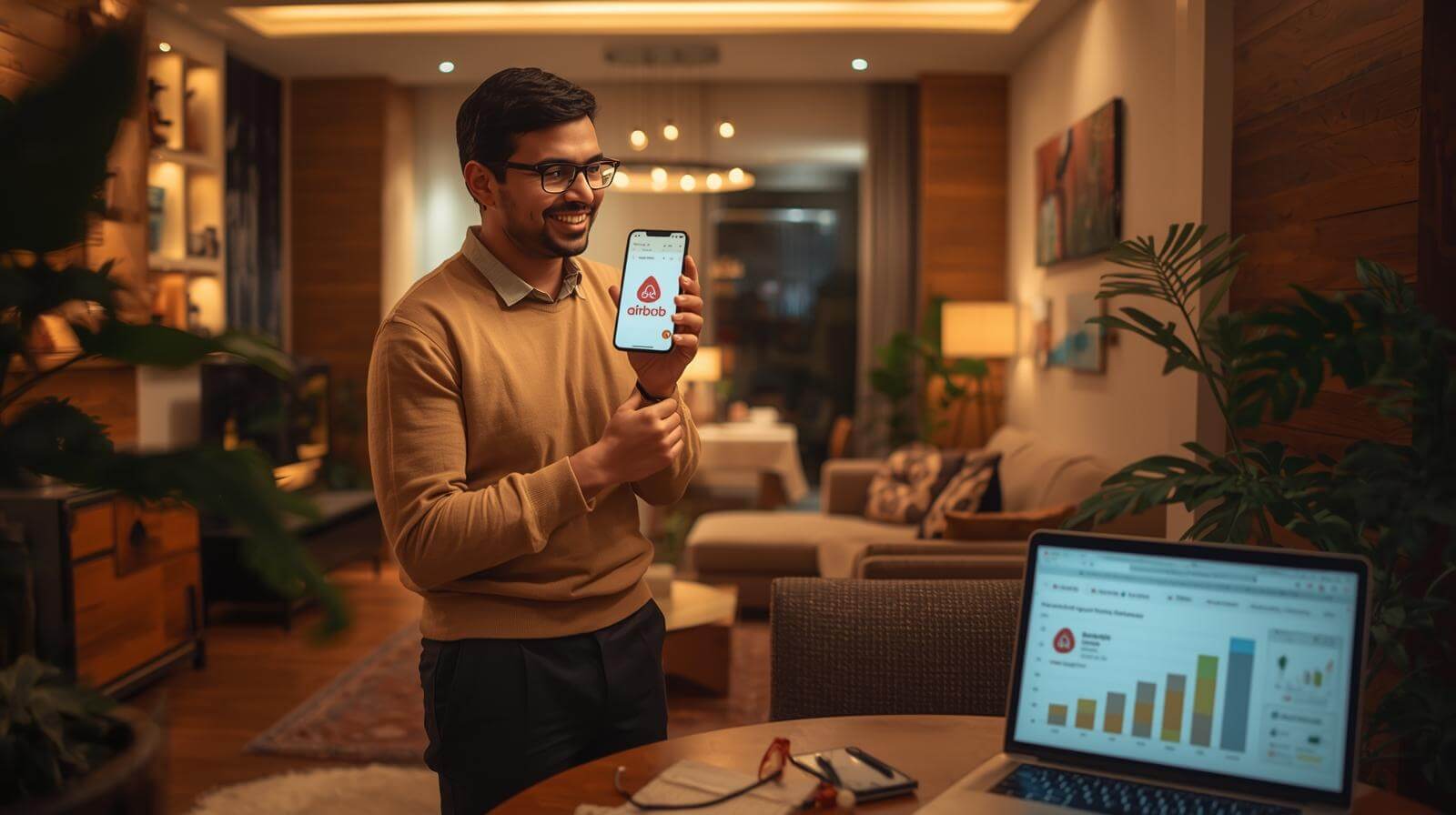 AwarmhighqualitylifestylephotoofasuccessfulIndianAirbnbhoststandingproudlyinsidetheirstylishwelllitAirbnbhomecozymoderninteriorswoodenfurnituresoftlightingindoorplantsandwelcomingdecor_cxmzc_1600