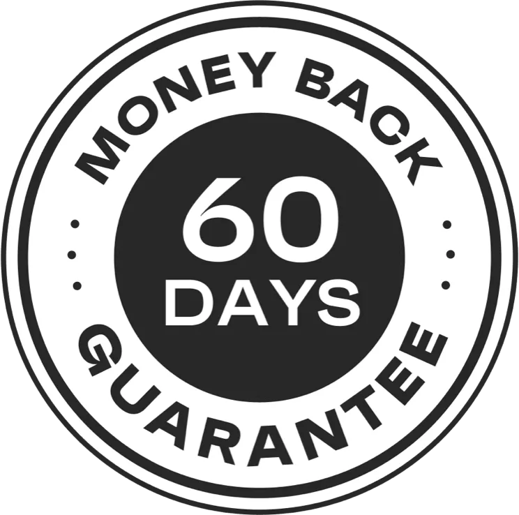 Circular badge showing a 60-day money-back guarantee symbol indicating refund protection for the purchase.