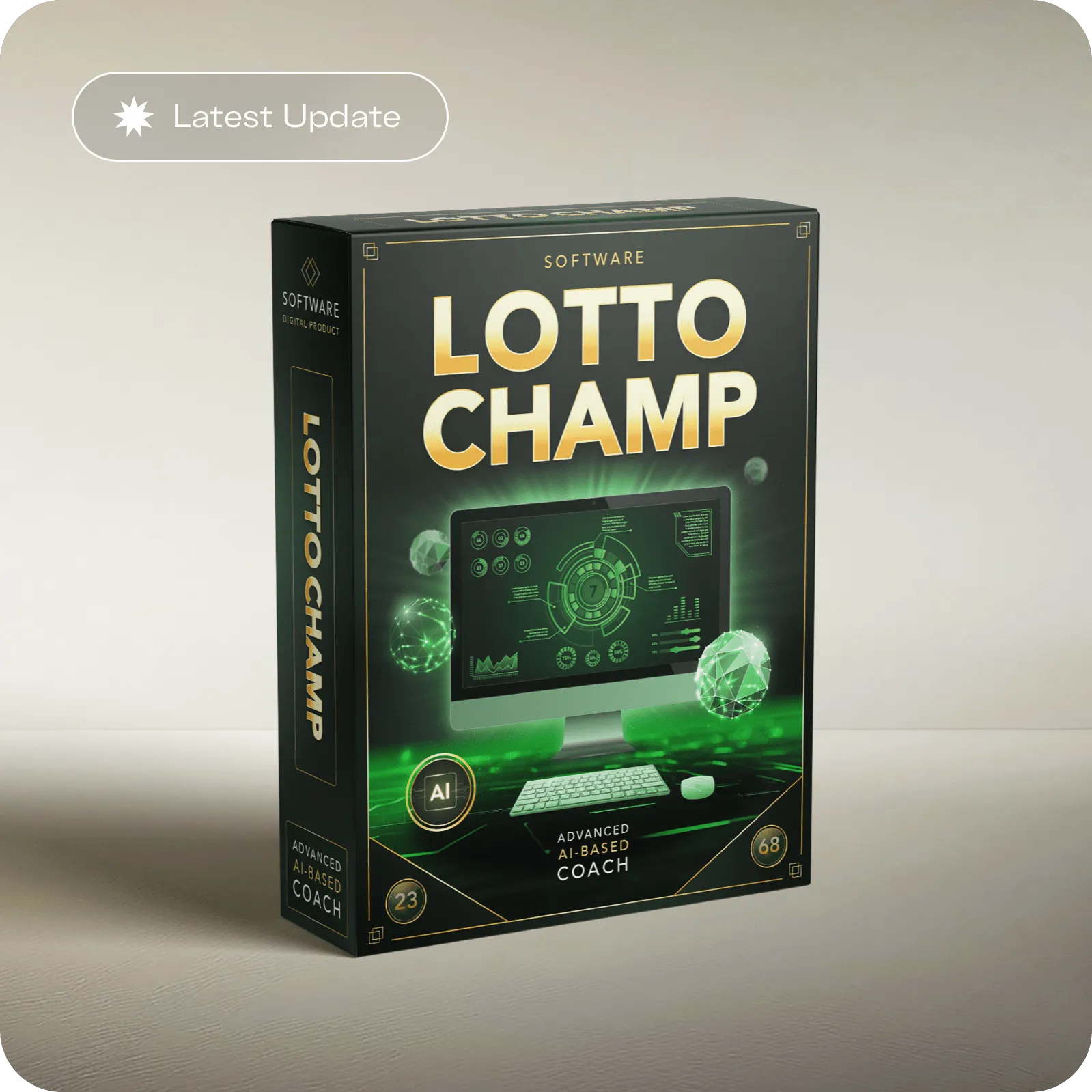 Lotto Champ AI-powered lottery prediction software box showing a computer dashboard with data analytics and glowing green technology graphics.