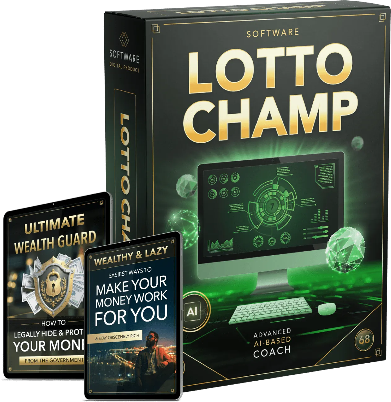 Lotto Champ lottery analysis software box with AI dashboard display, lottery balls, cash stack, and gold coins representing lottery number strategy tools.