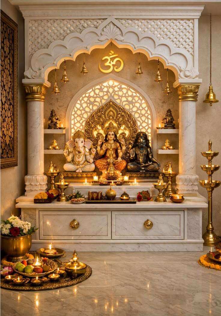 Grand marble pooja mandir with deity idols