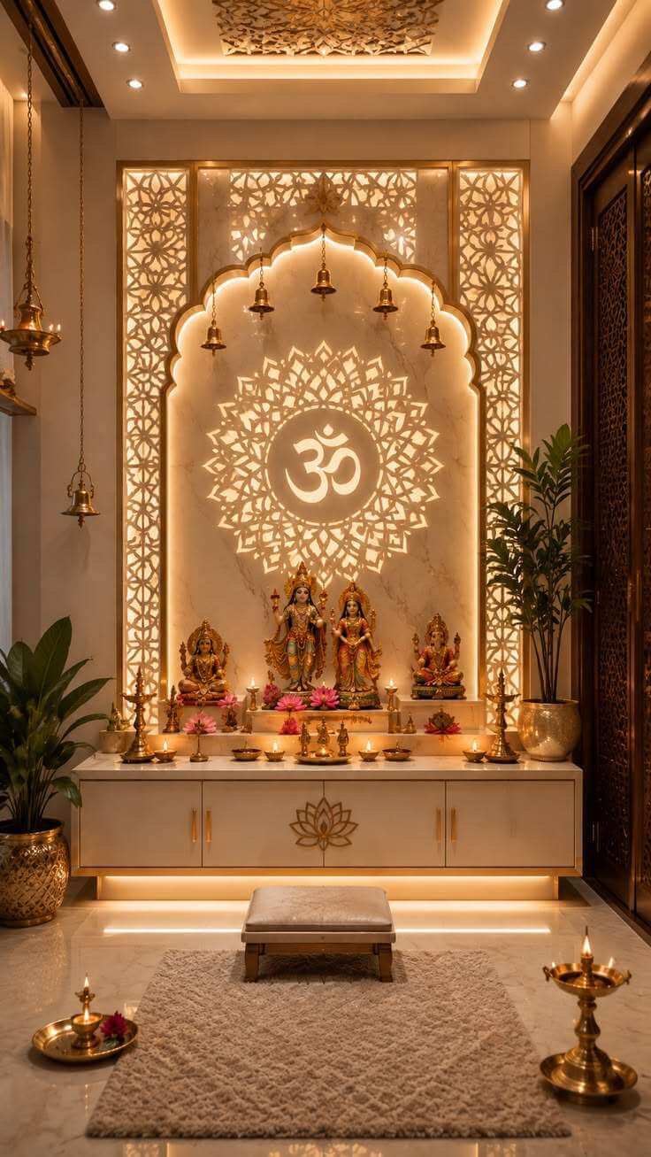 Pooja room design with Om mandala backdrop