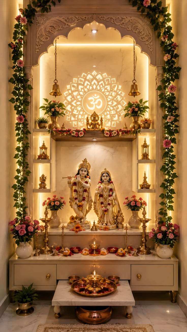 Pooja mandir with Radha Krishna idols and floral garlands