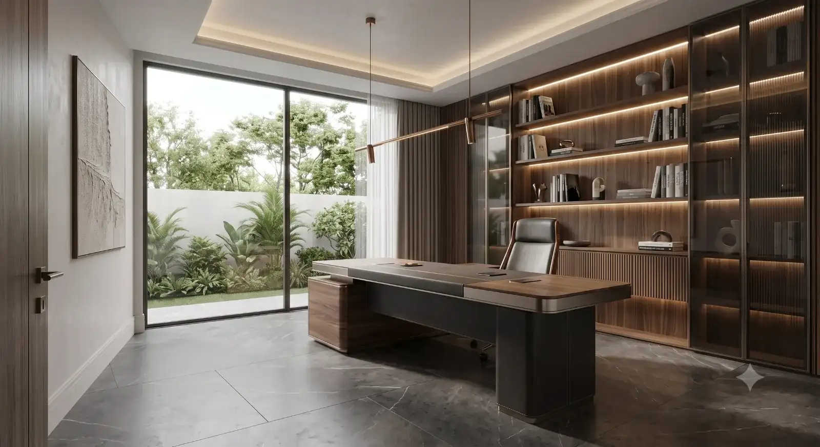 Study with a wooden desk, bookshelves and a garden view