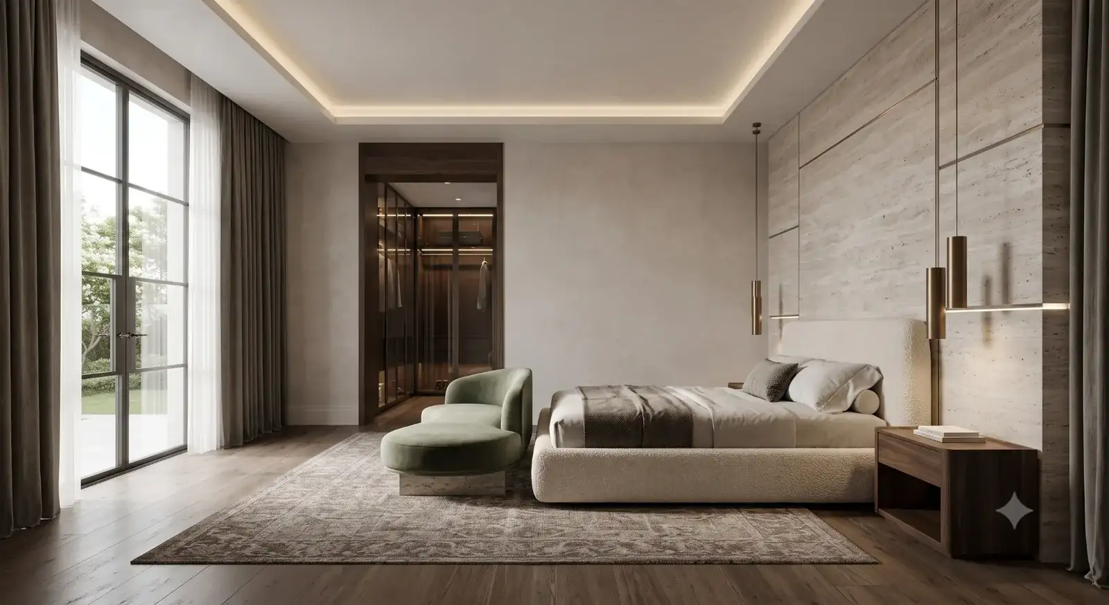 Bedroom with a sage green accent chair and a lit wardrobe niche