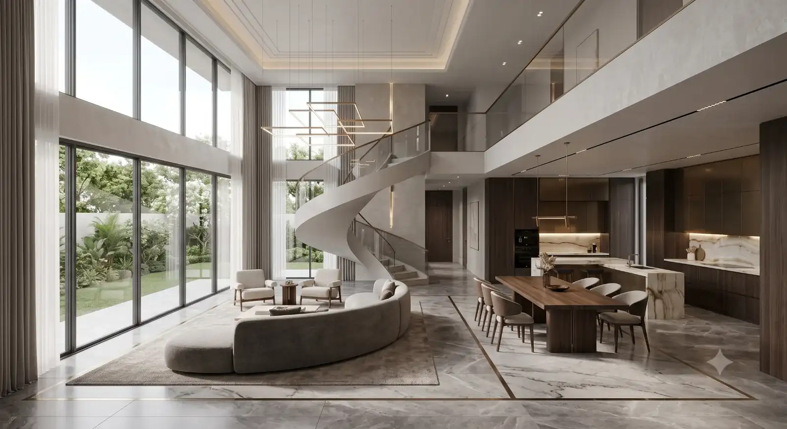 Double-height living area with large glass doors and a garden view