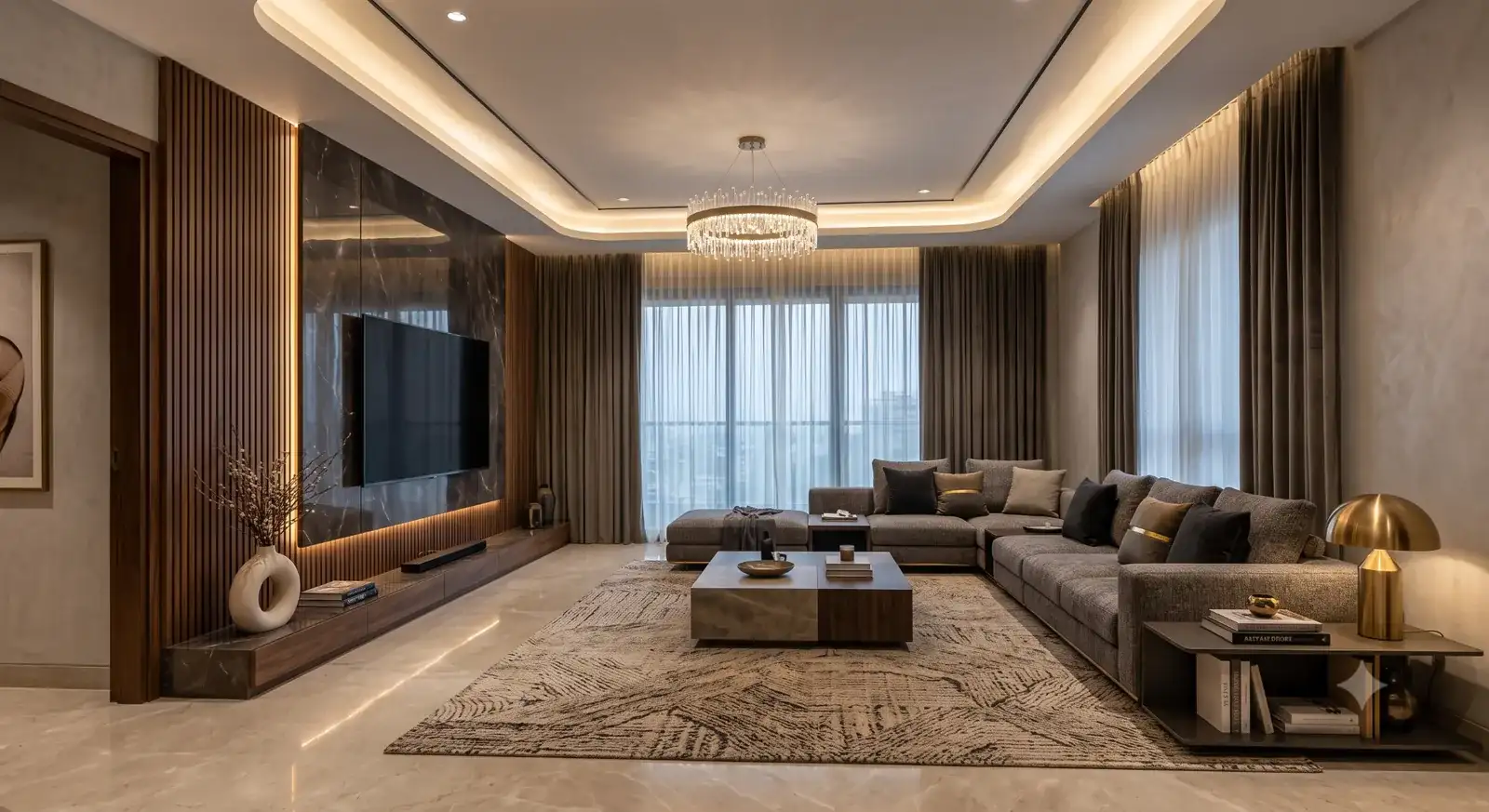 Living room with a walnut TV wall, layered ceiling lighting and a sectional sofa