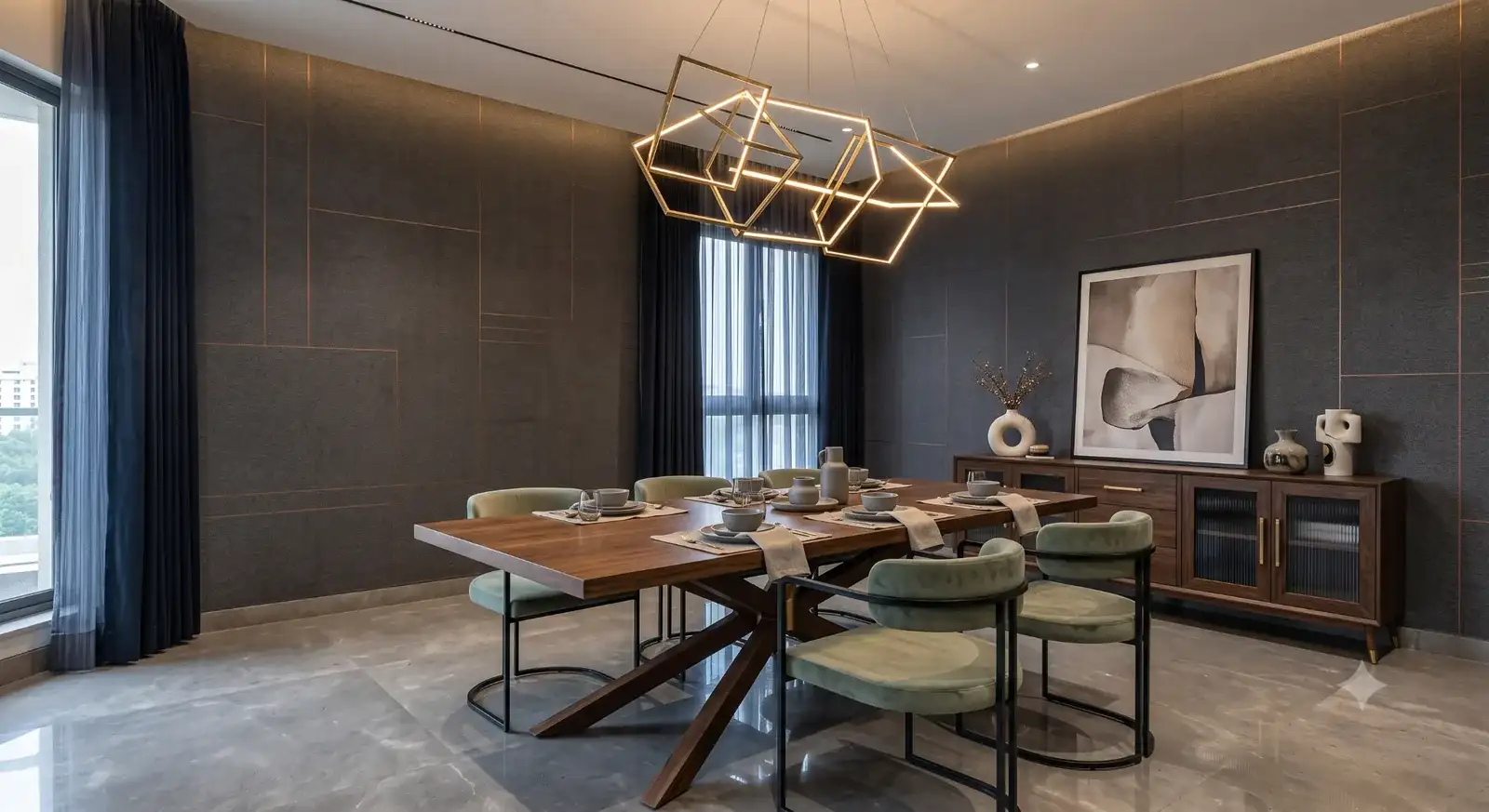 Dining area with a walnut table, green chairs and a charcoal feature wall