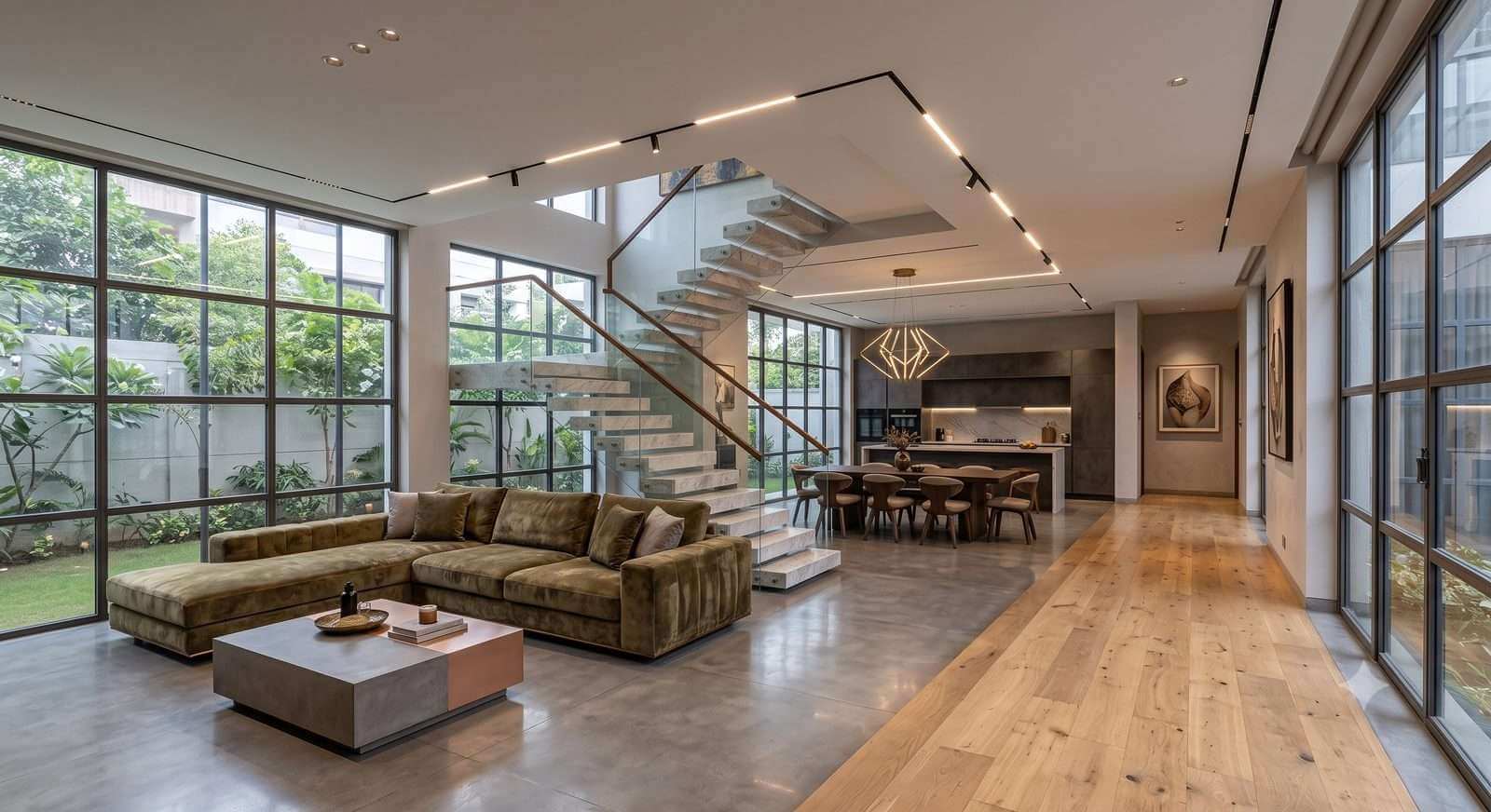 Living space with floor-to-ceiling glass walls opening to a garden, staircase beyond