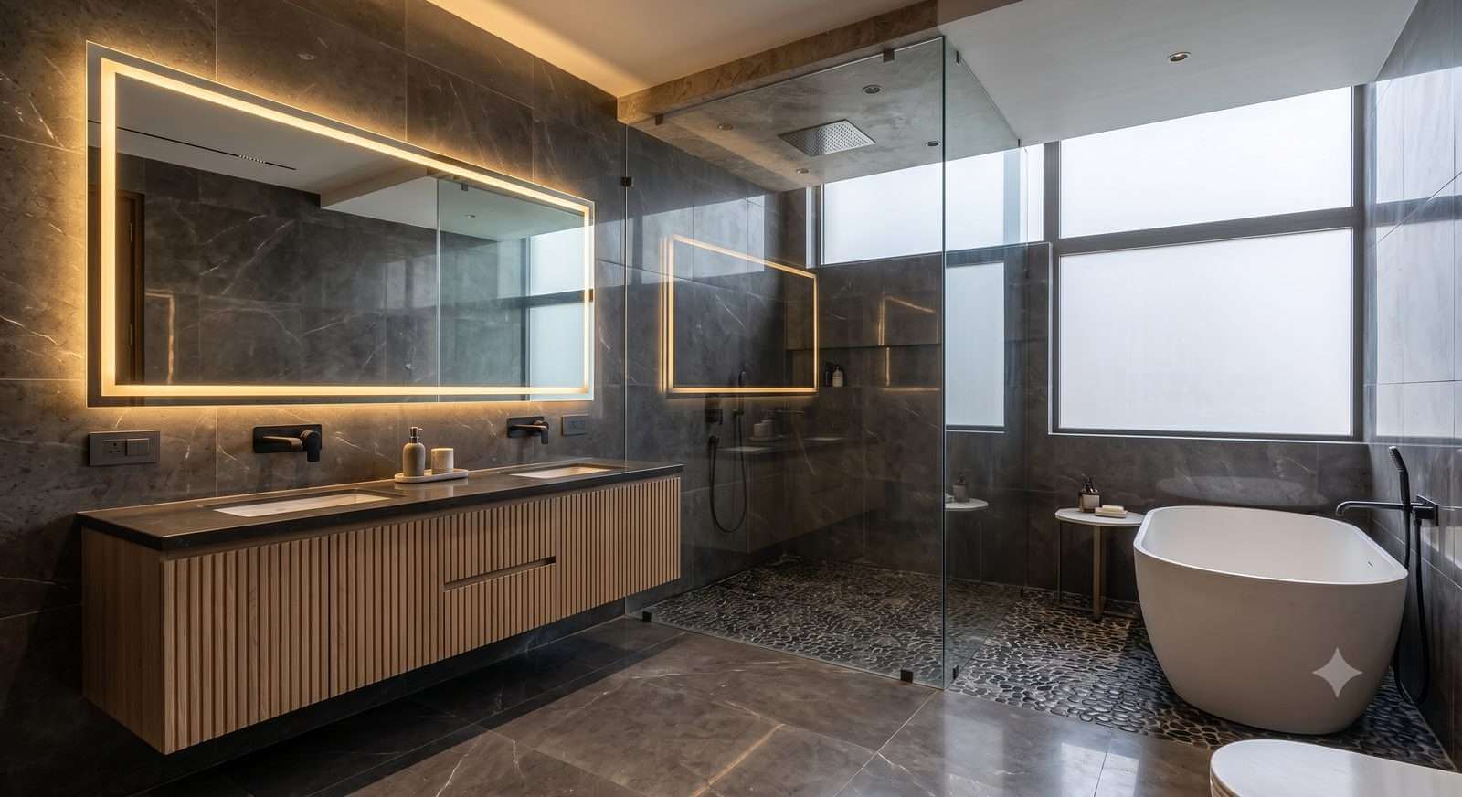 Bathroom with a lit mirror, floating vanity and freestanding tub