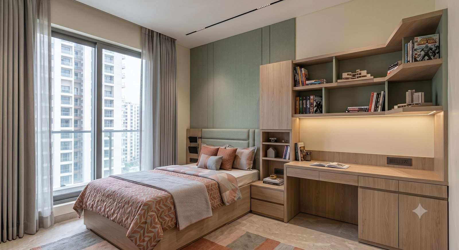 Bedroom with sage green panelling and a built-in study desk