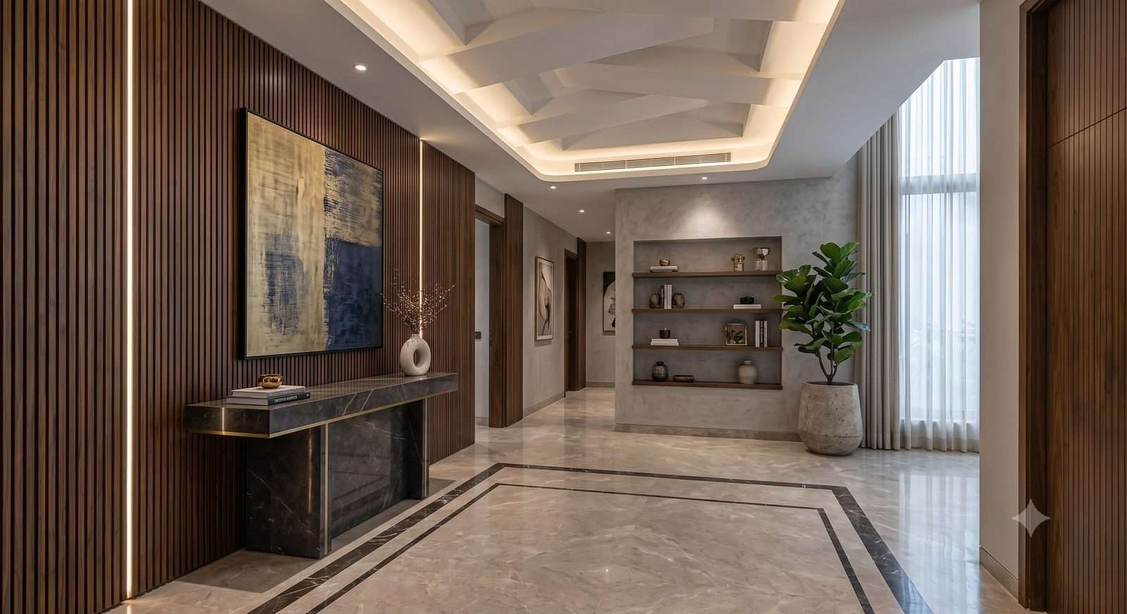 Entrance hall with a wall-mounted console, artwork and wood panelling