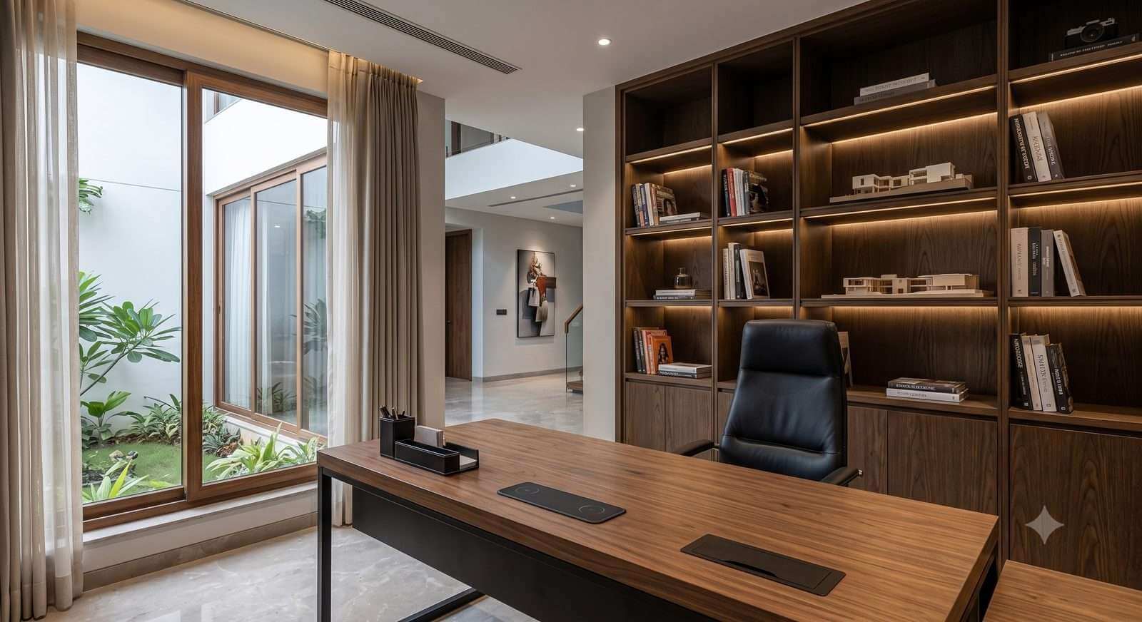 Executive desk with an office chair and lit bookshelves