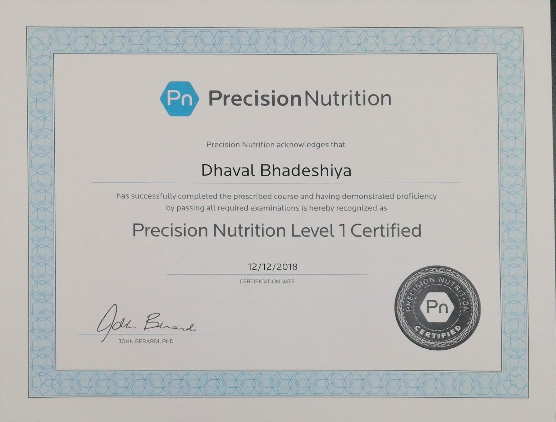 Precision Nutrition Level 1 Nutrition certificate