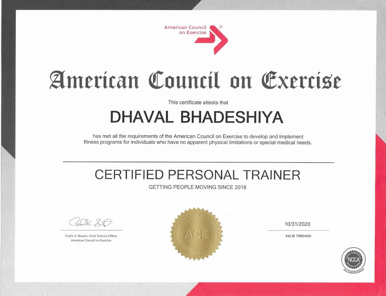 American Council on Exercise Certified Personal Trainer certificate