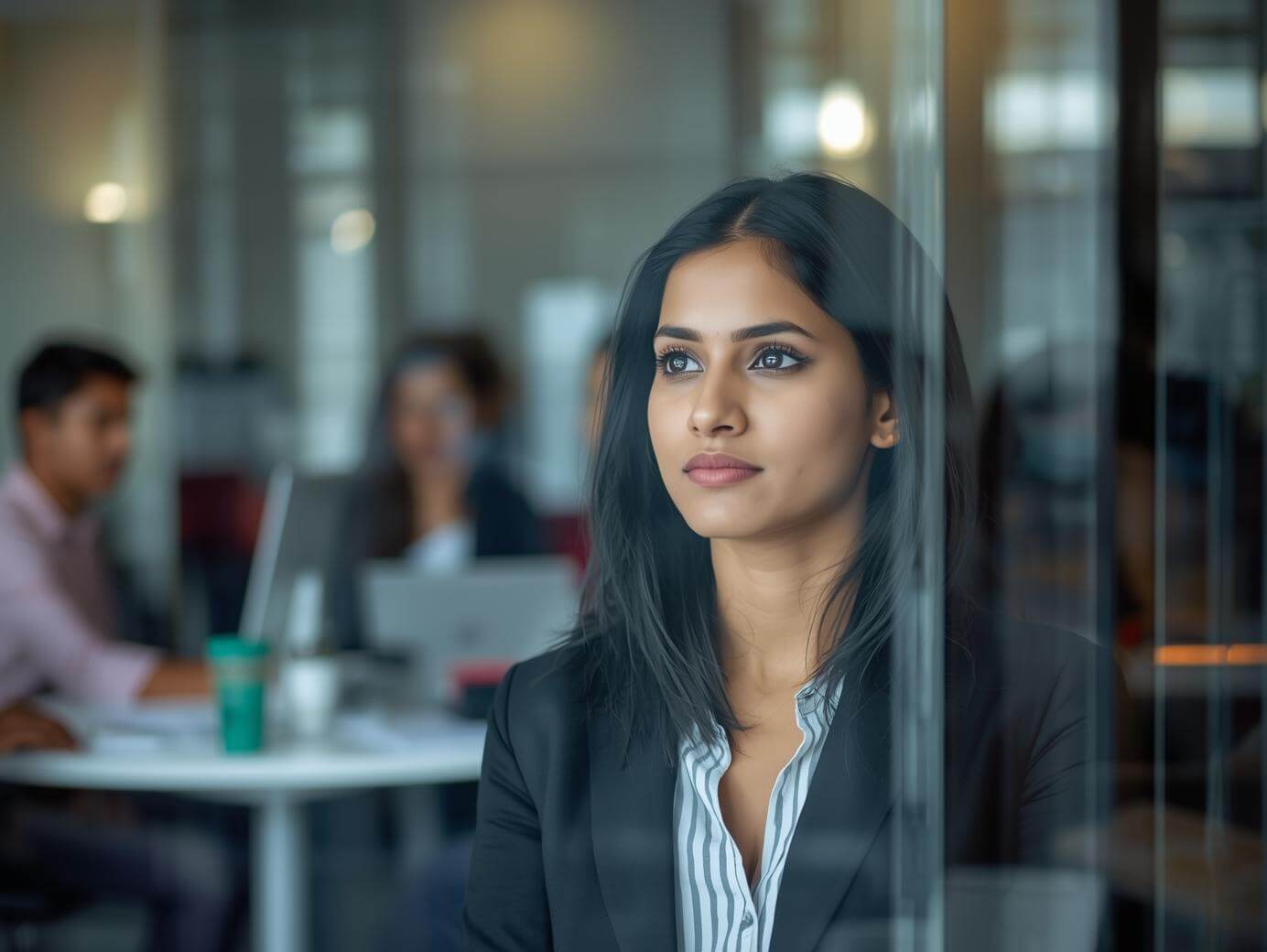 anyoungurbanIndianwomenlookingatherselfthroughthewindowlookslostinherofficeandinthebackgroundherteamisbusyinwork_7n2lj_1384