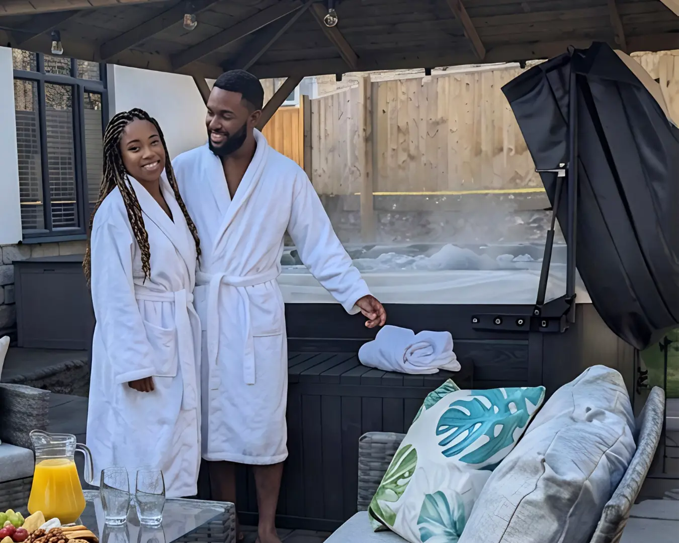 Guests in robes by the hot tub