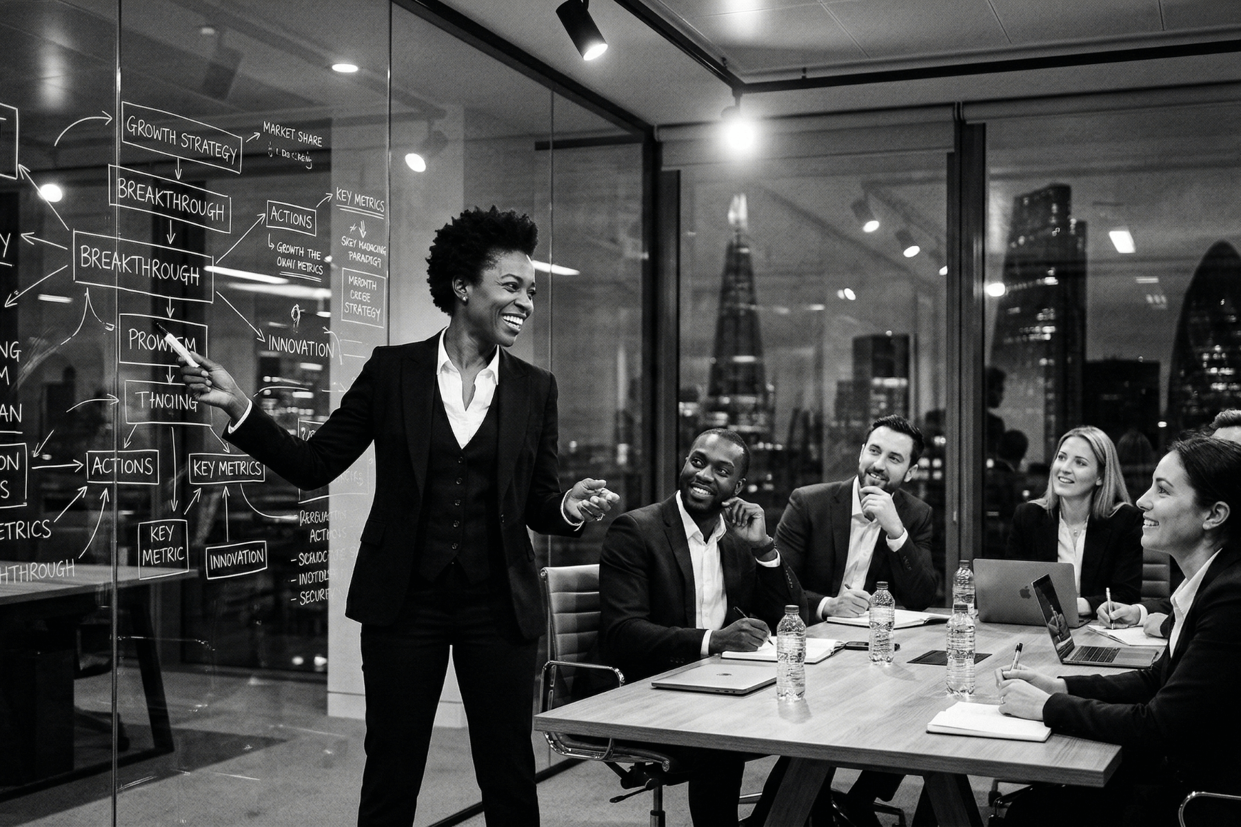 Black and white photo of a successful executive demonstrating the pros of a consulting career in a boardroom.