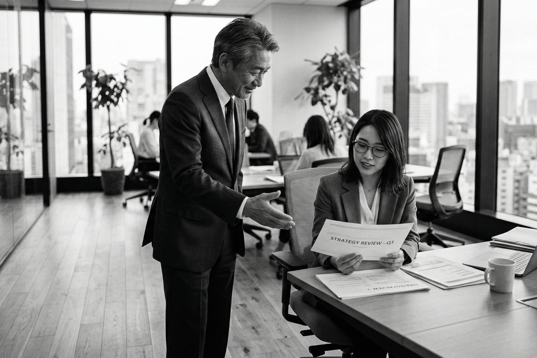 Black and white photo of a senior consulting executive mentoring a young professional, demonstrating training to replace yourself.