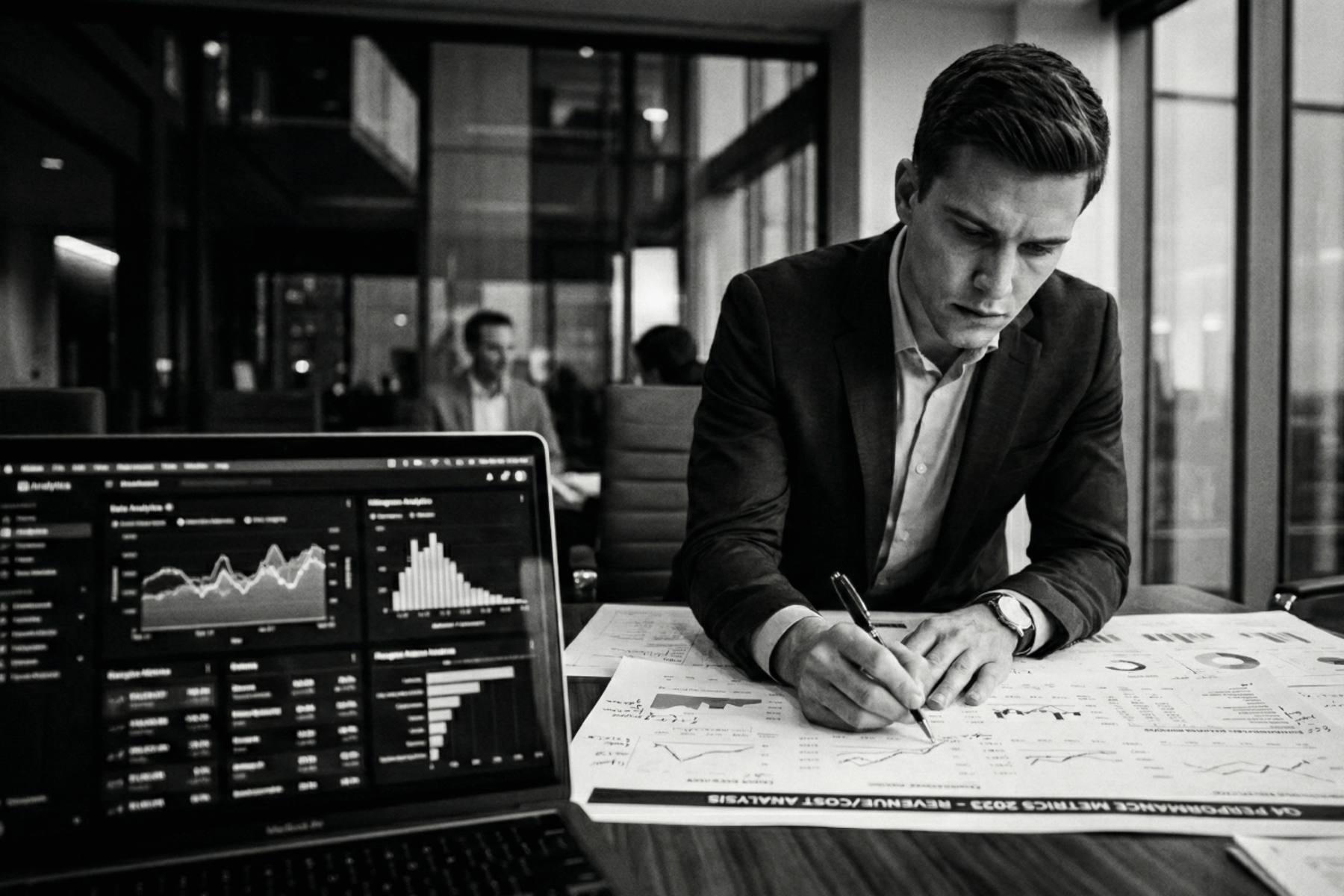 Black and white photo of an executive using human intuition and muscle memory to review AI data in a consulting firm.