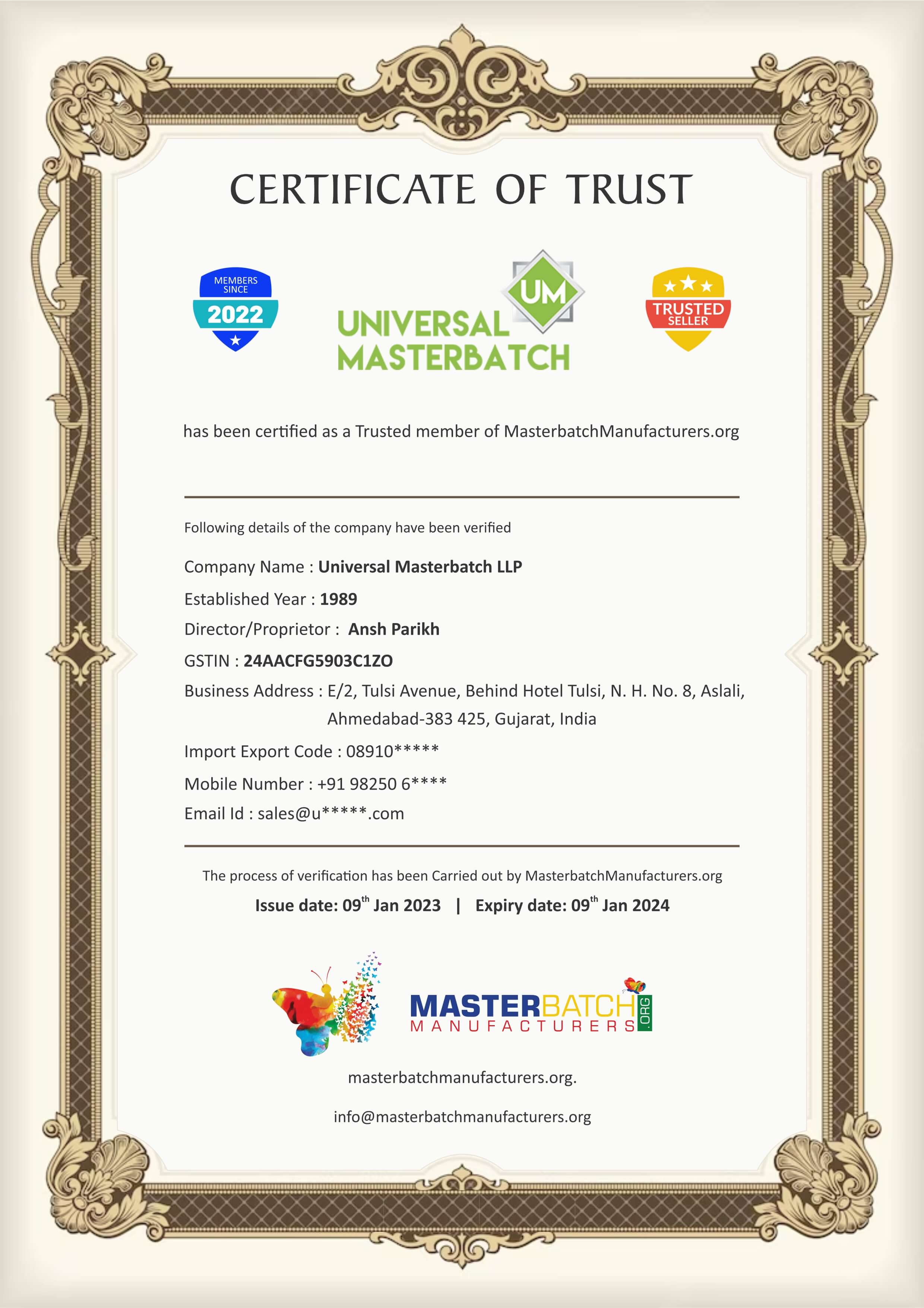 Certificate of Trust Universal Masterbatch LLP From MasterbatchManufacturers.org