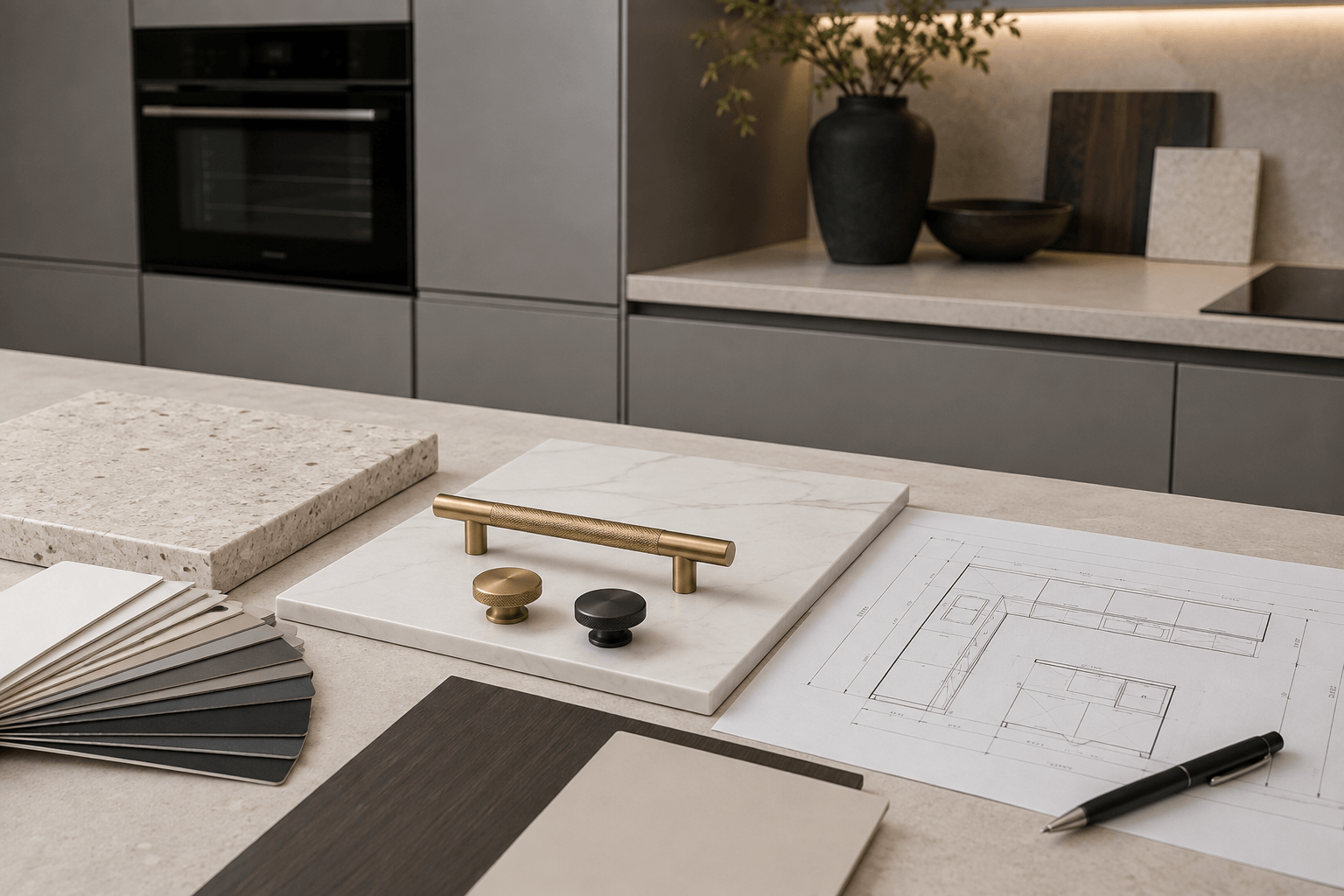Kitchen renovation consultation with worktop samples, cabinet finishes, handles and plans