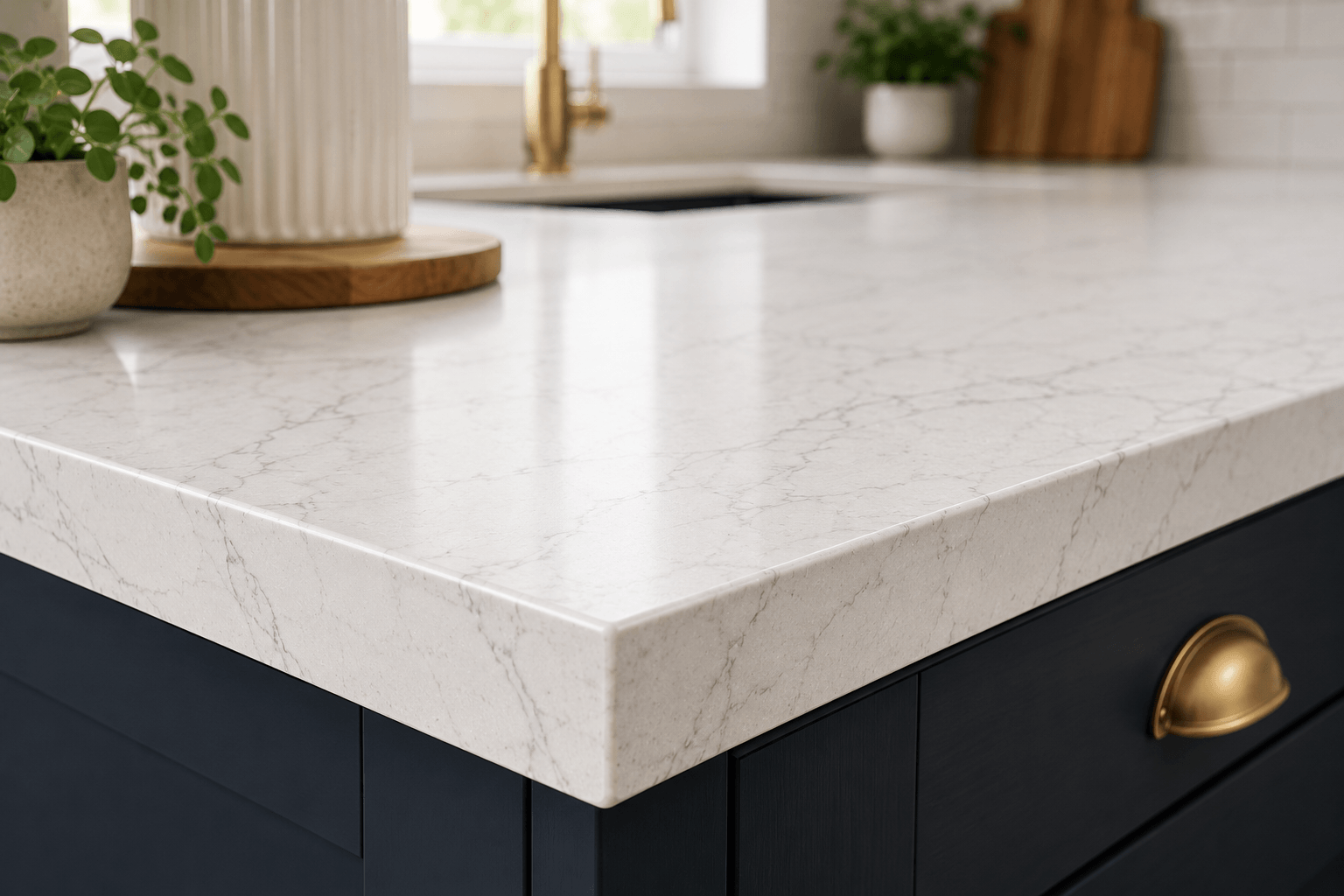 Close-up detail of a pale quartz replacement kitchen worktop edge
