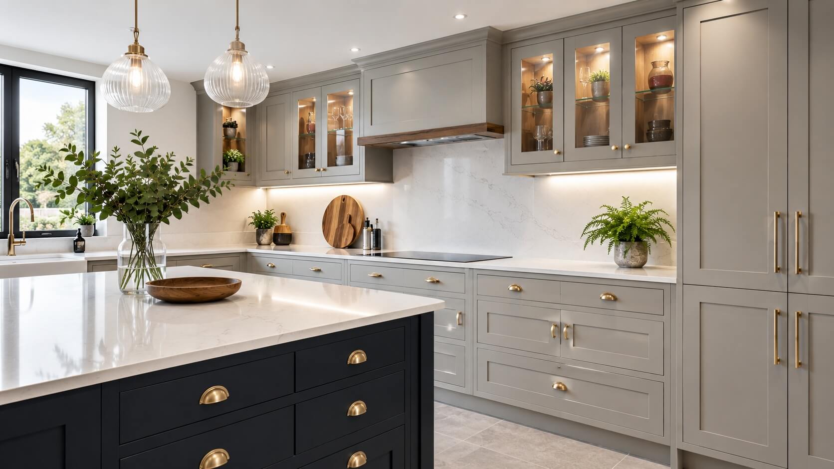 Elegant dark kitchen with pale stone worktops