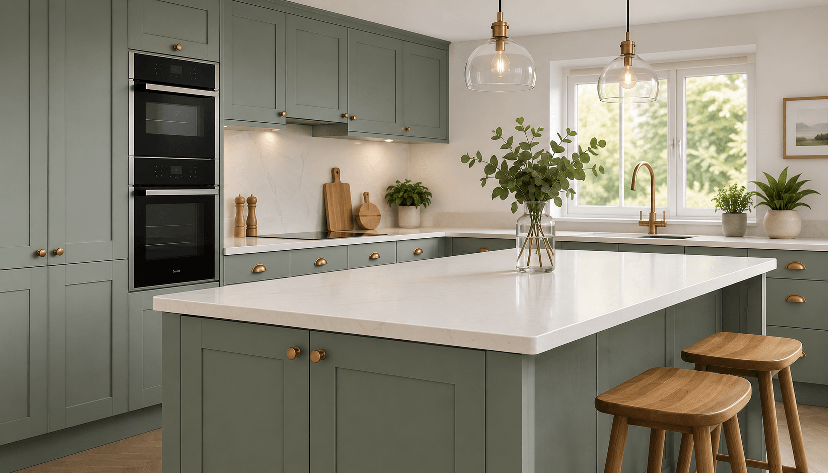 Modern shaker replacement kitchen doors in a sage green kitchen