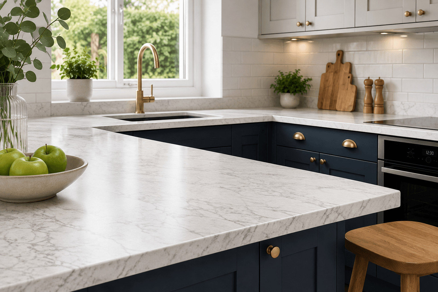 Replacement quartz kitchen worktops on a navy kitchen island