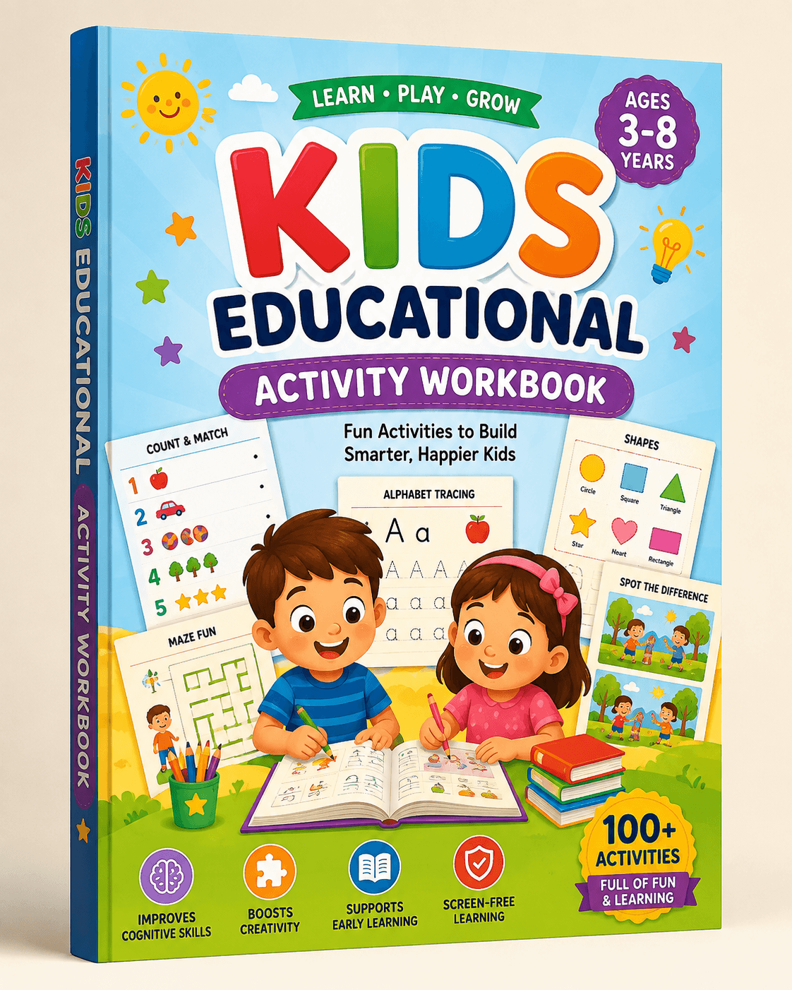 Kids Educational Activity Workbook cover — printable PDF activity book for kids ages 3 to 7 with math, tracing, mazes and puzzles