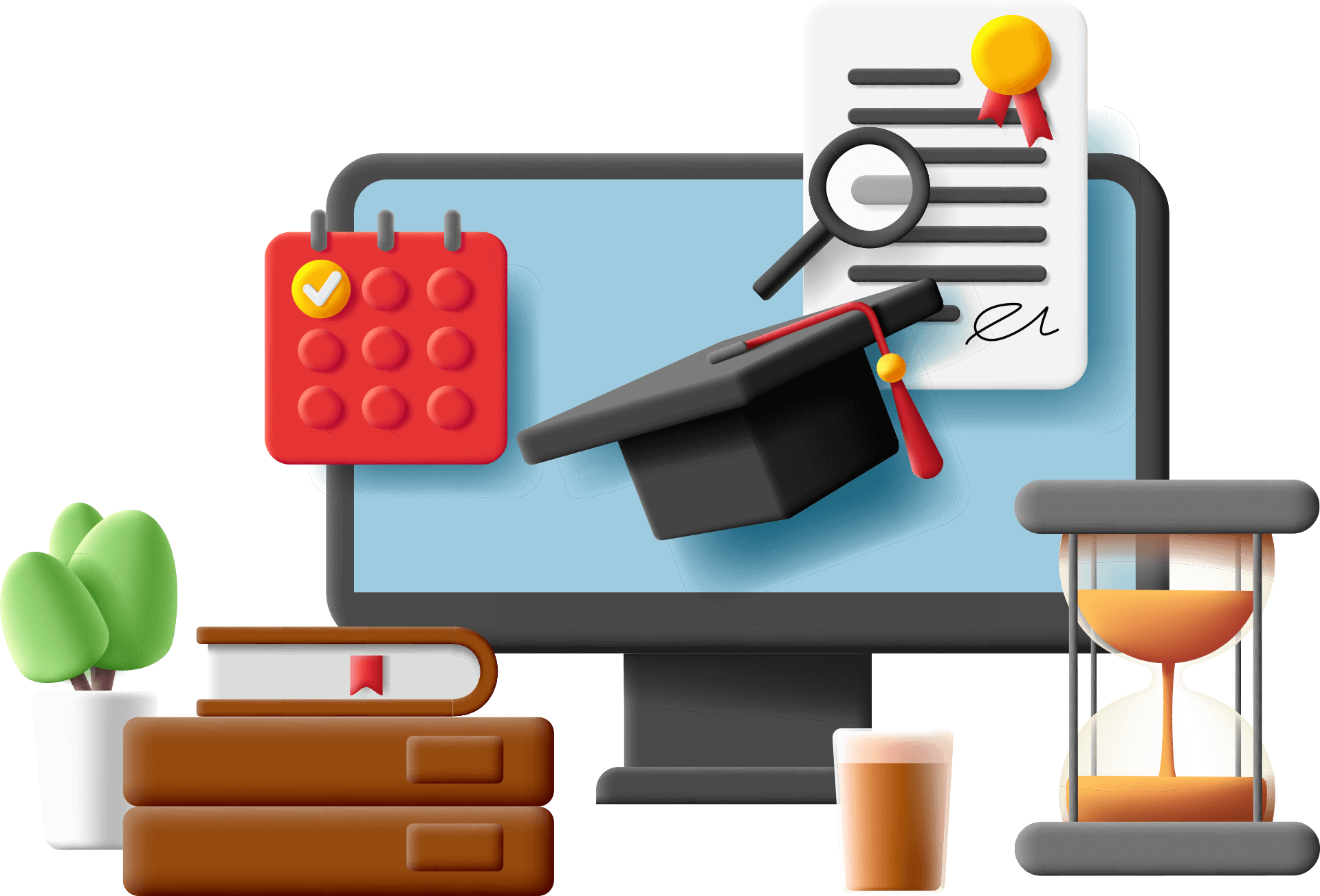 izote_1920_3dillustrationstudyingcomputerwithbooksgraduationhatwithdiplomatimecalendarwithsandglass